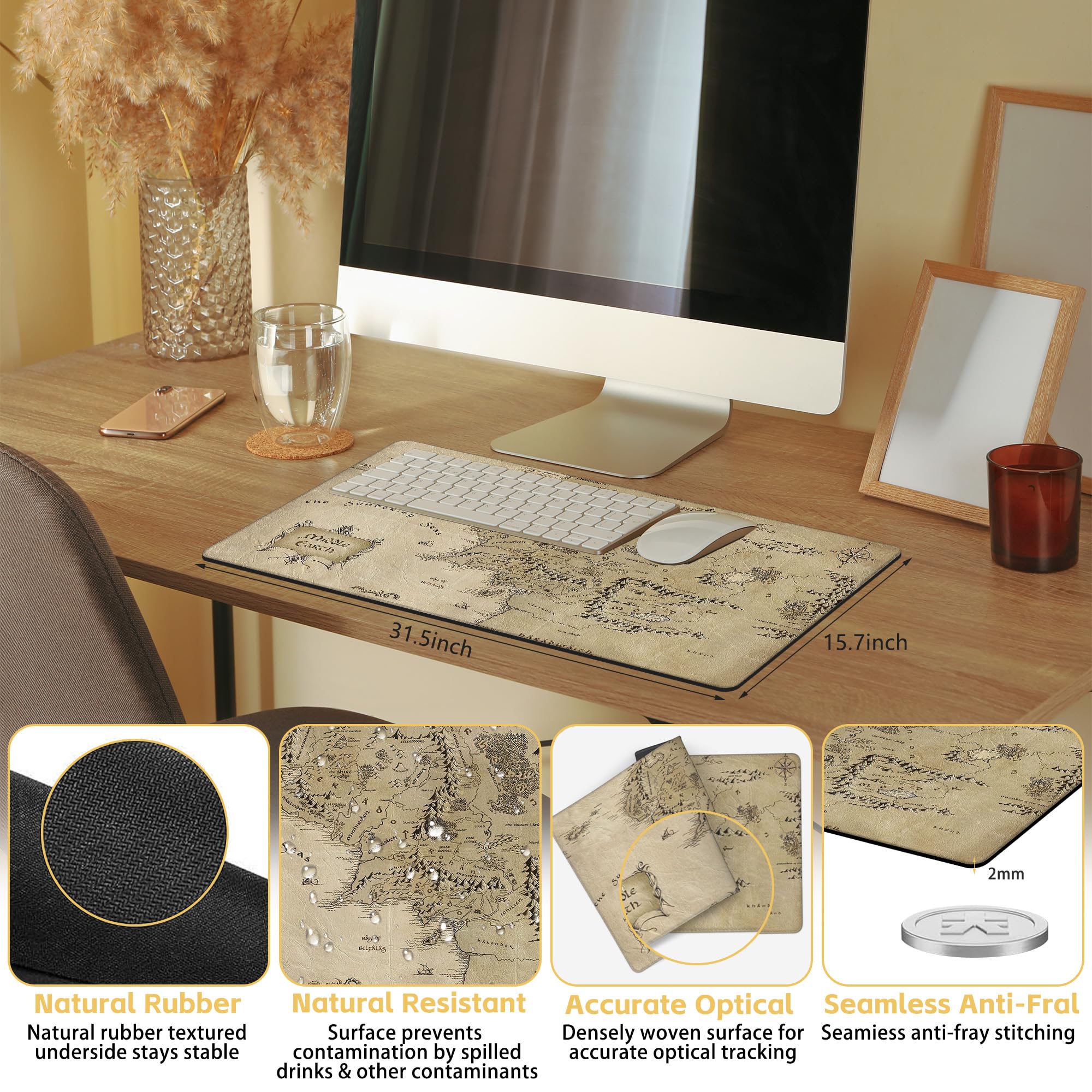 Alfombrilla de mouse grande extendida con mapa de la Tierra Media, alfombrilla de mouse XXL para teclado y mouse, base de goma antideslizante con bordes cosidos para decoración de escritorio de