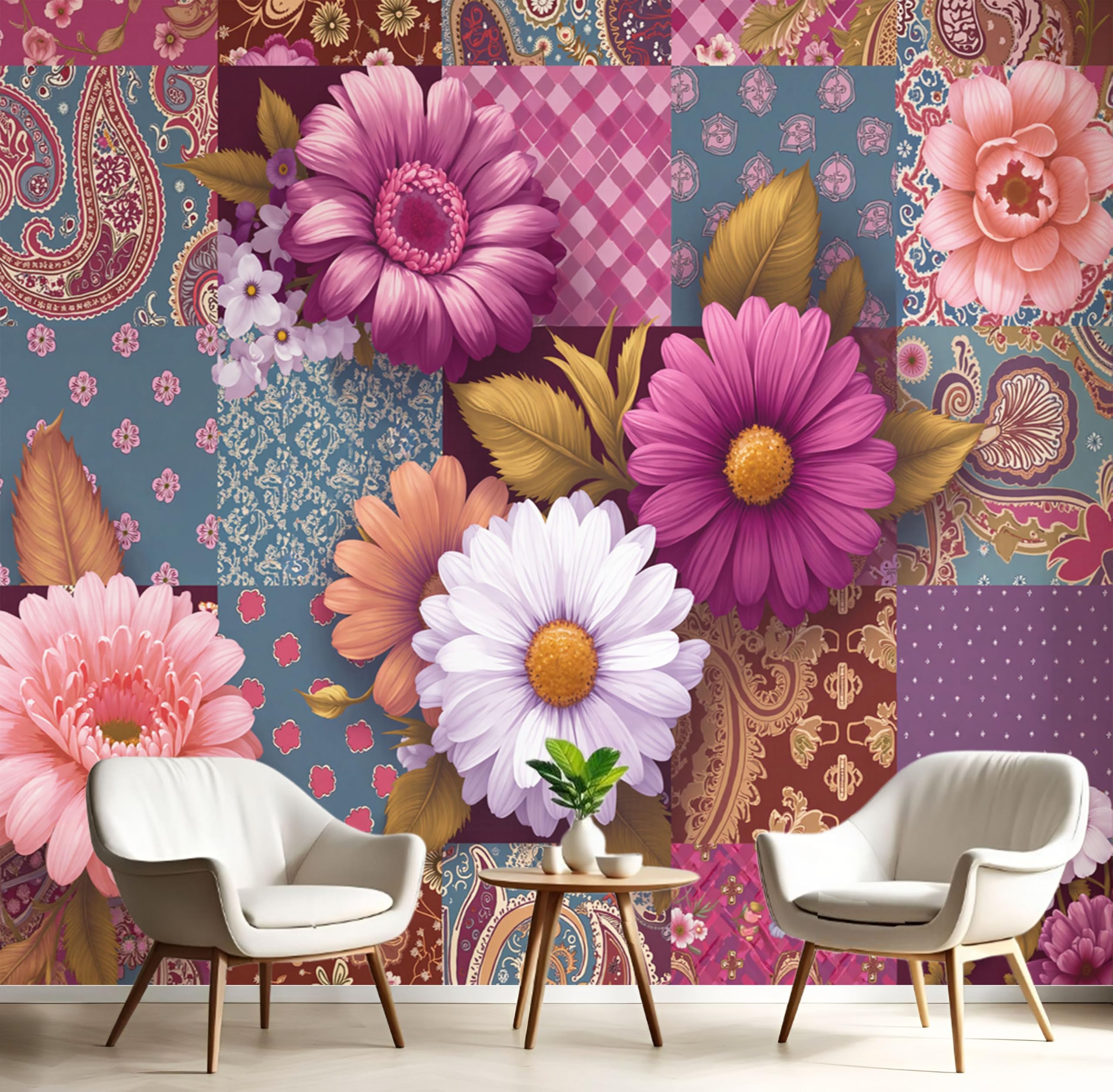 Papier Peint Soie Motif Cachemire Floral Violet pour Salon et Restaurant