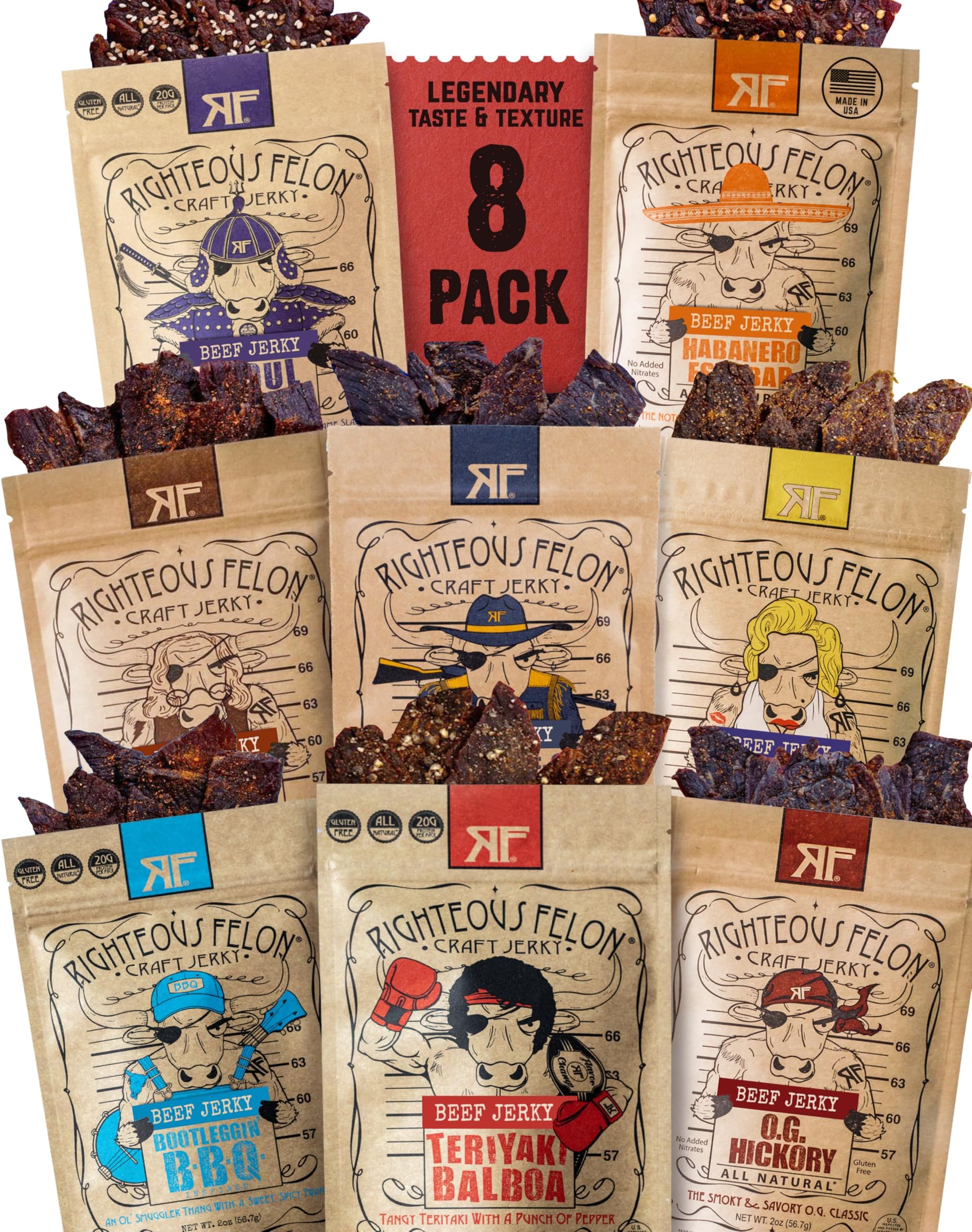 Beef Jerky Variety Pack | Gluten Free Beef Jerky Snack Packs for Adults | High Protein, Keto-Friendly, Low Sugar | Made with Premium Meats | Beef Jerky Gifts for Men | Sampler 8 Pack