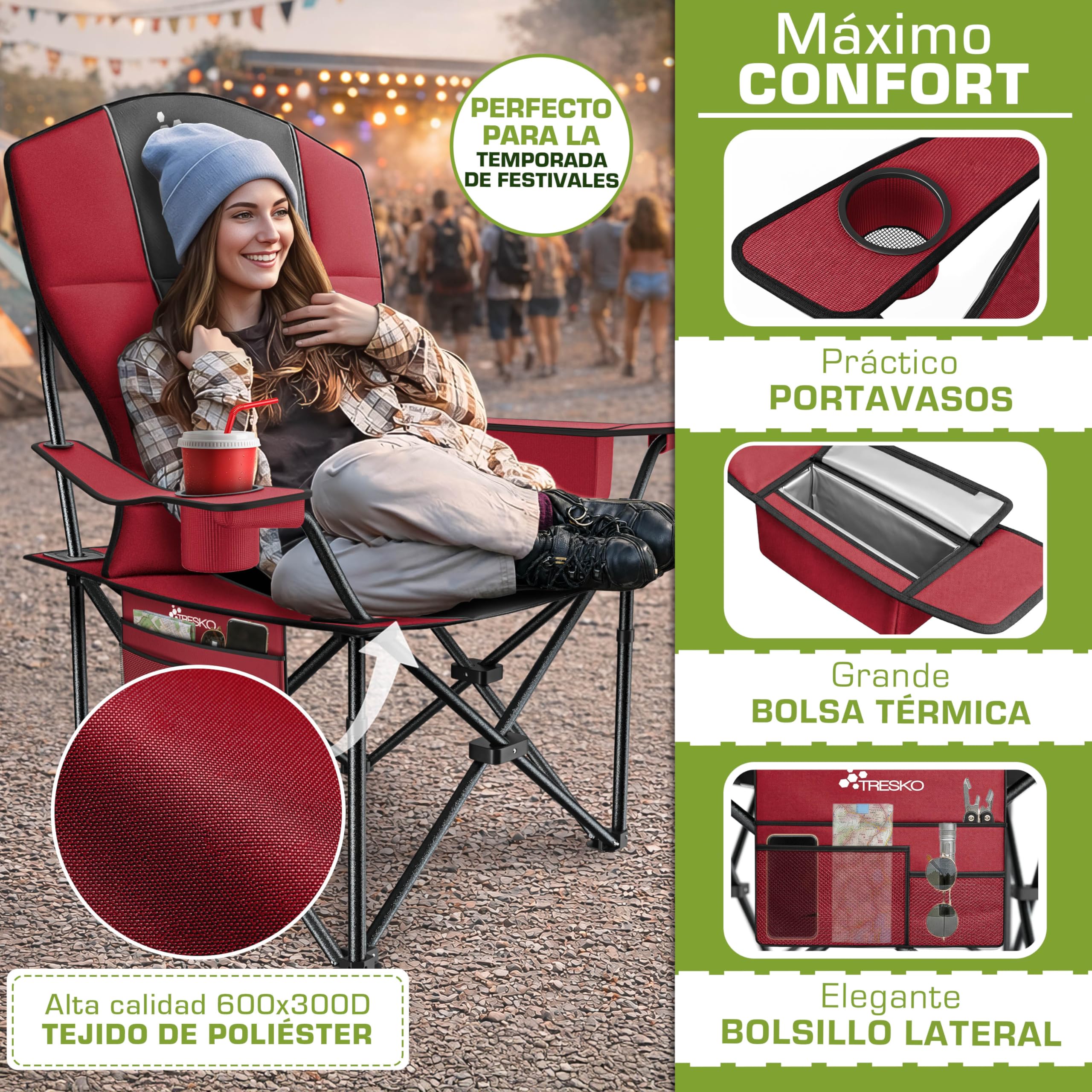 TRESKO® Silla de Camping Plegable y transportable | hasta 150 kg | Silla de Pesca portátil con reposabrazos y portabebidas (Rojo)