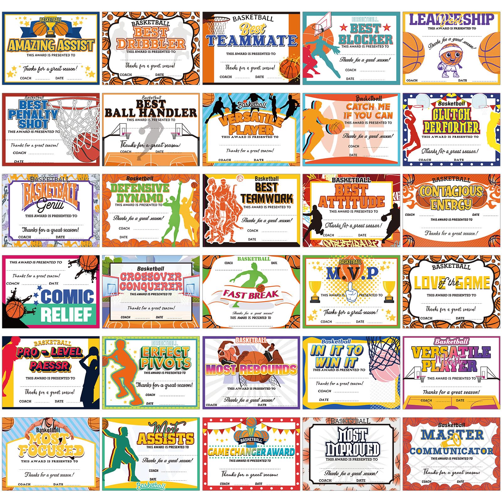 Fuyoooo 60 Pcs Sports Award Certificates for Kids Team Players, Basketball