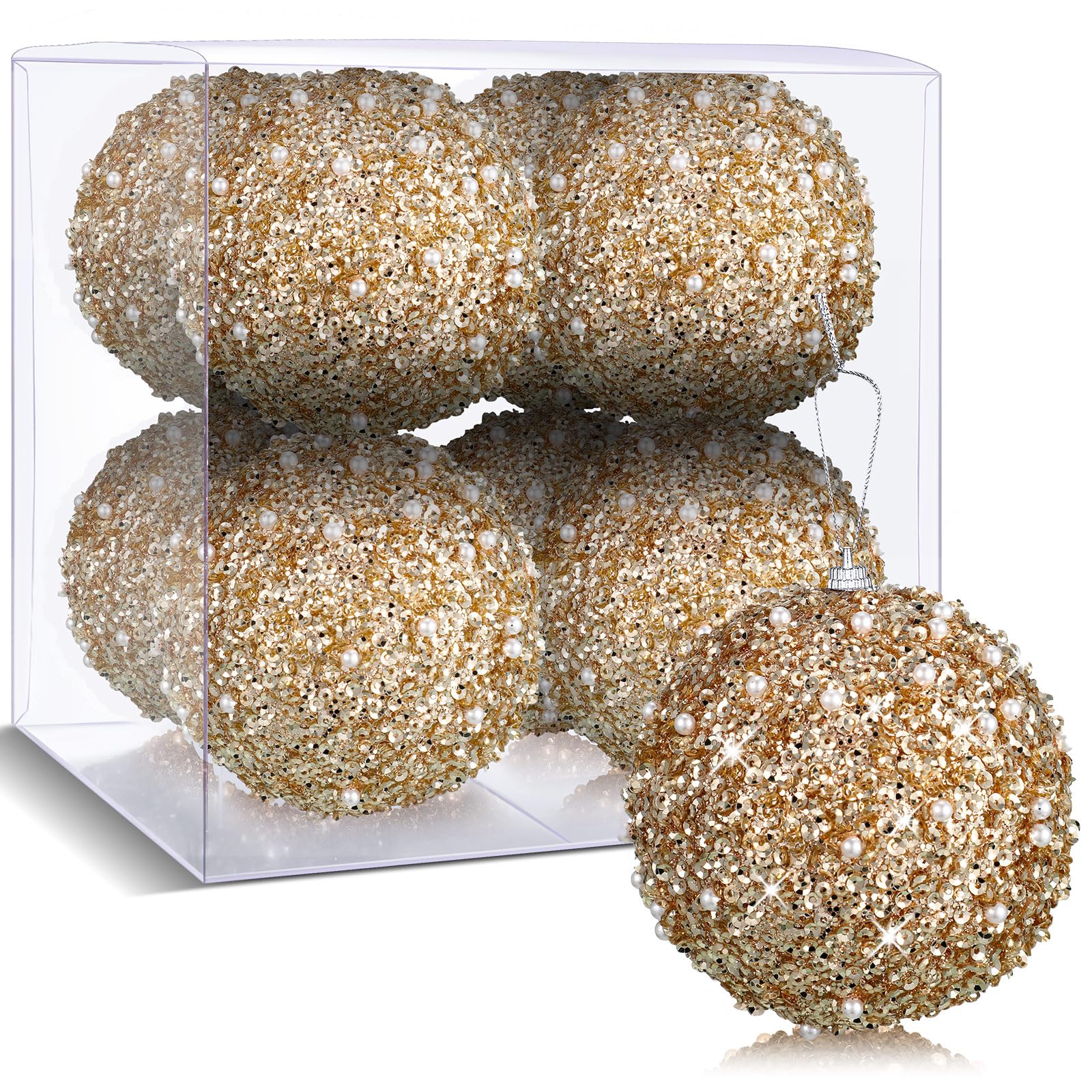 BBTO Lot de 8 boules de Noël à paillettes en mousse à paillettes - Décorations à suspendre pour Noël, fête de mariage, vacances (champagne, 8,9 cm)
