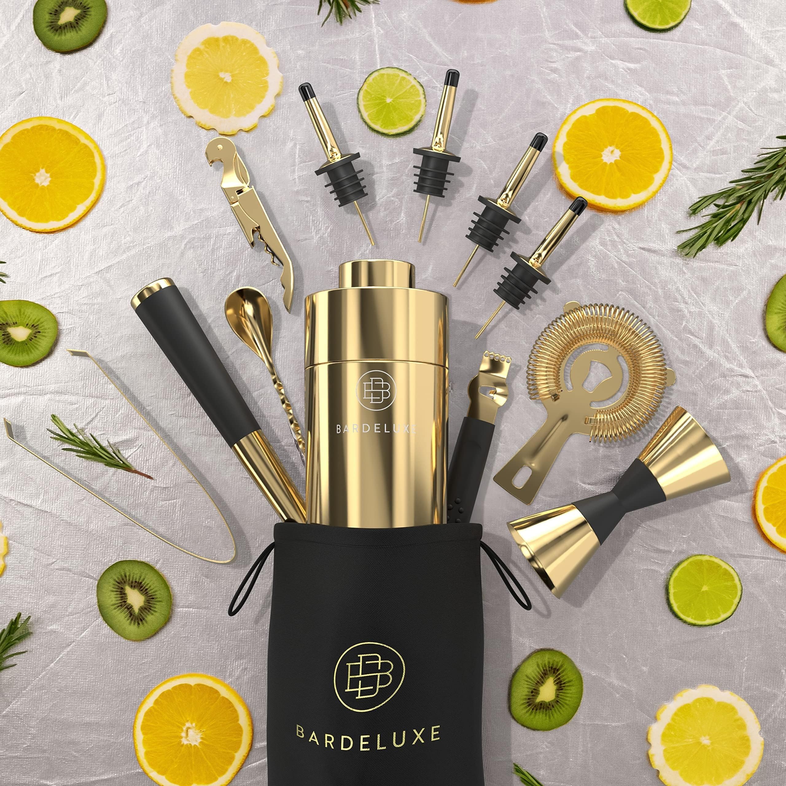 BarDeluxe® Kit de Cocteleria de 12 Piezas, Set de Cocteleria | Set Cocteleria Profesional, Juego de Coctelera, Cocktail Kit | Coctelera 750 ml, Coctelería Kit | Elegante Caja de Regalo, Bolsa (Oro)