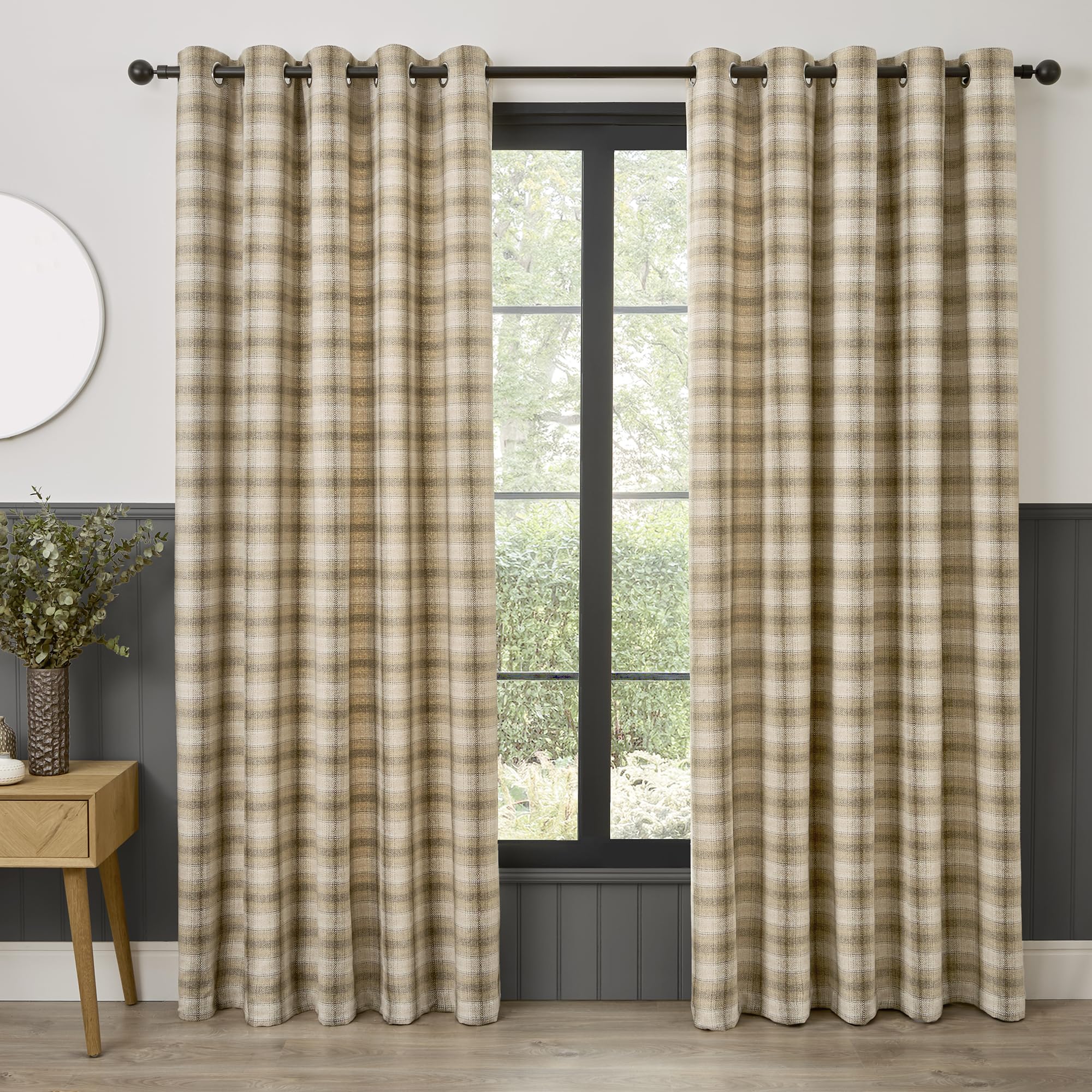 Curtina Everett Eyelet Curtains, Living Room, 117 x 137 cm, Natural, 100% Recycled Polyester, Light Filtering, Jacquard Woven, Checkered Pattern
