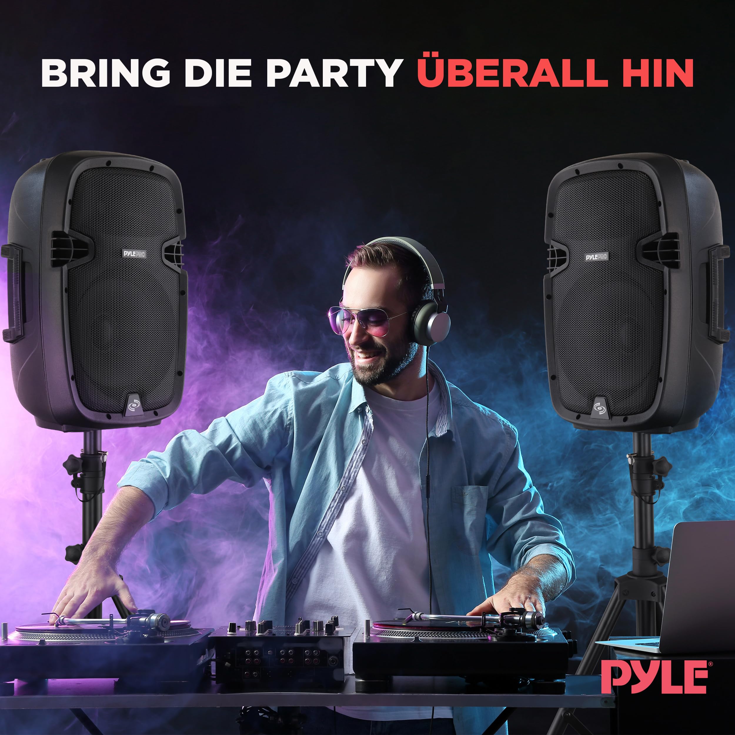 Pyle PA Anlage 1000W Komplettset Lautsprecher mit Mikrofon Bluetooth Partybox DJ Lautsprecher 2 Boxenständer USB SD MP3 AUX Fernbedienung Aktiv Passiv