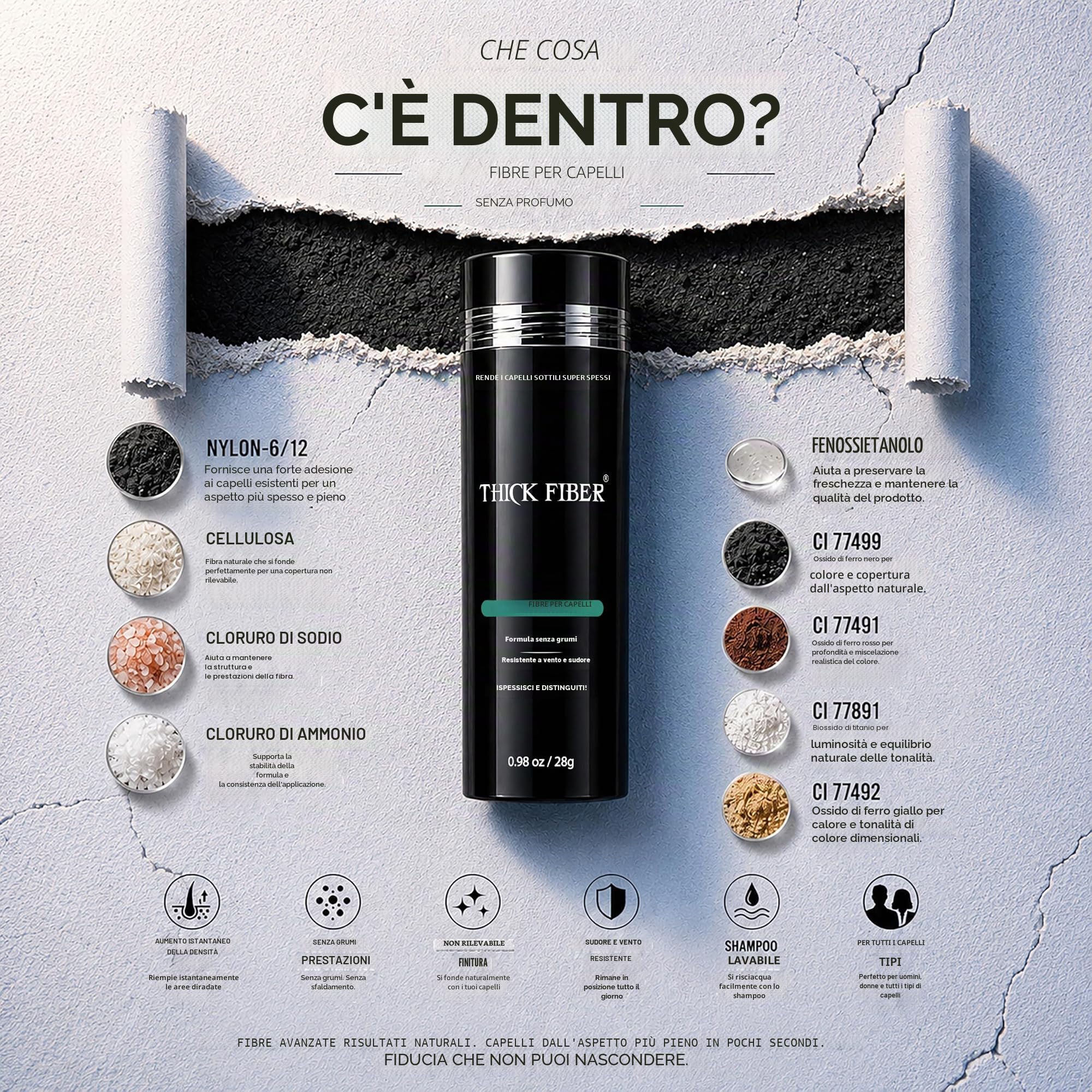 THICK FIBER, Fibre dei capelliper la ricostruzione dei capelli, per il diradamento dei capelli, 25 g confezione da 1, marrone medio, polvere per capelli, flacone da