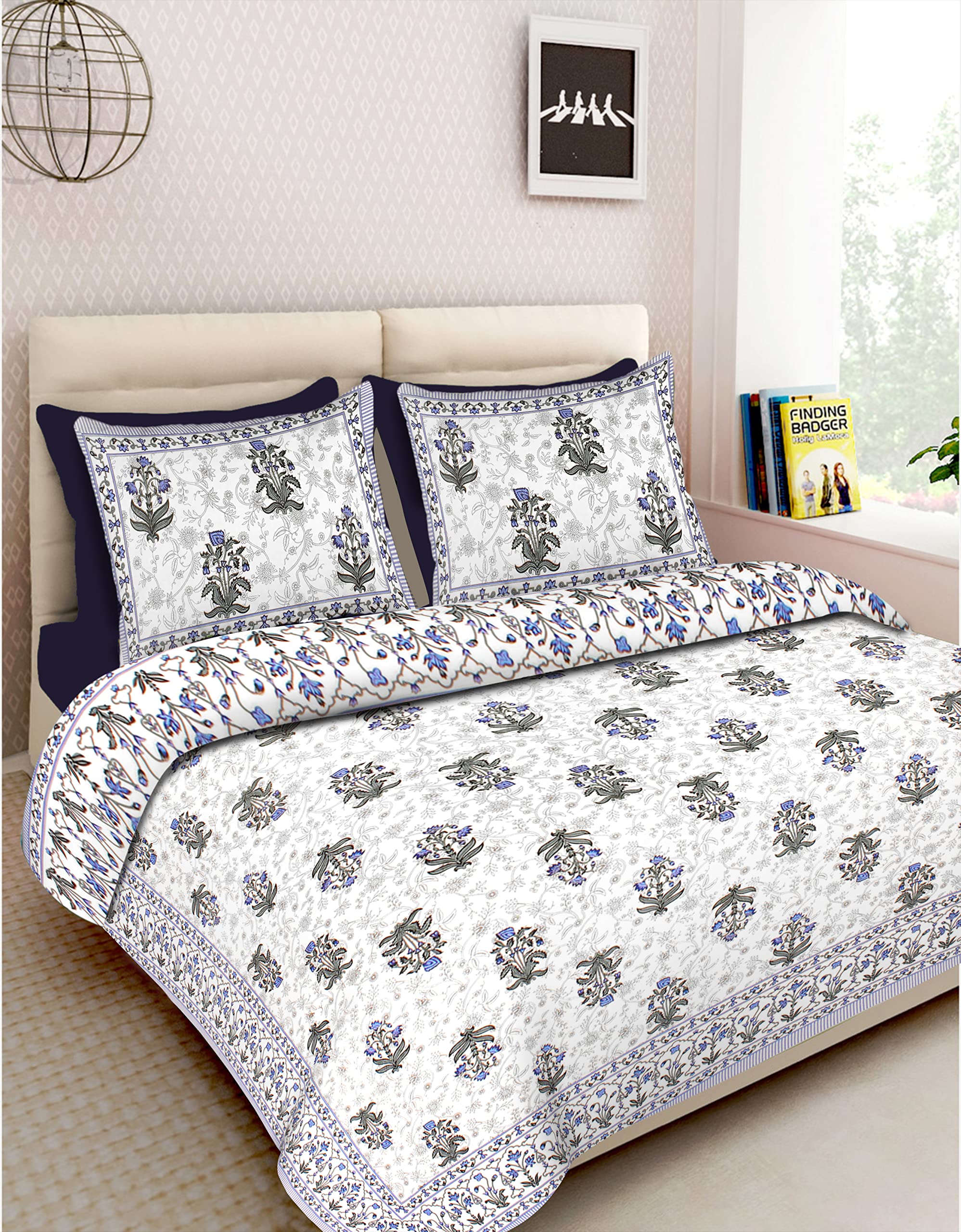 WESTLYN 280 TC Cotton Jaipuri Double Bedsheet with 2 Pillow Cover Set King Size, 100 x 108 inch | Design No - 59