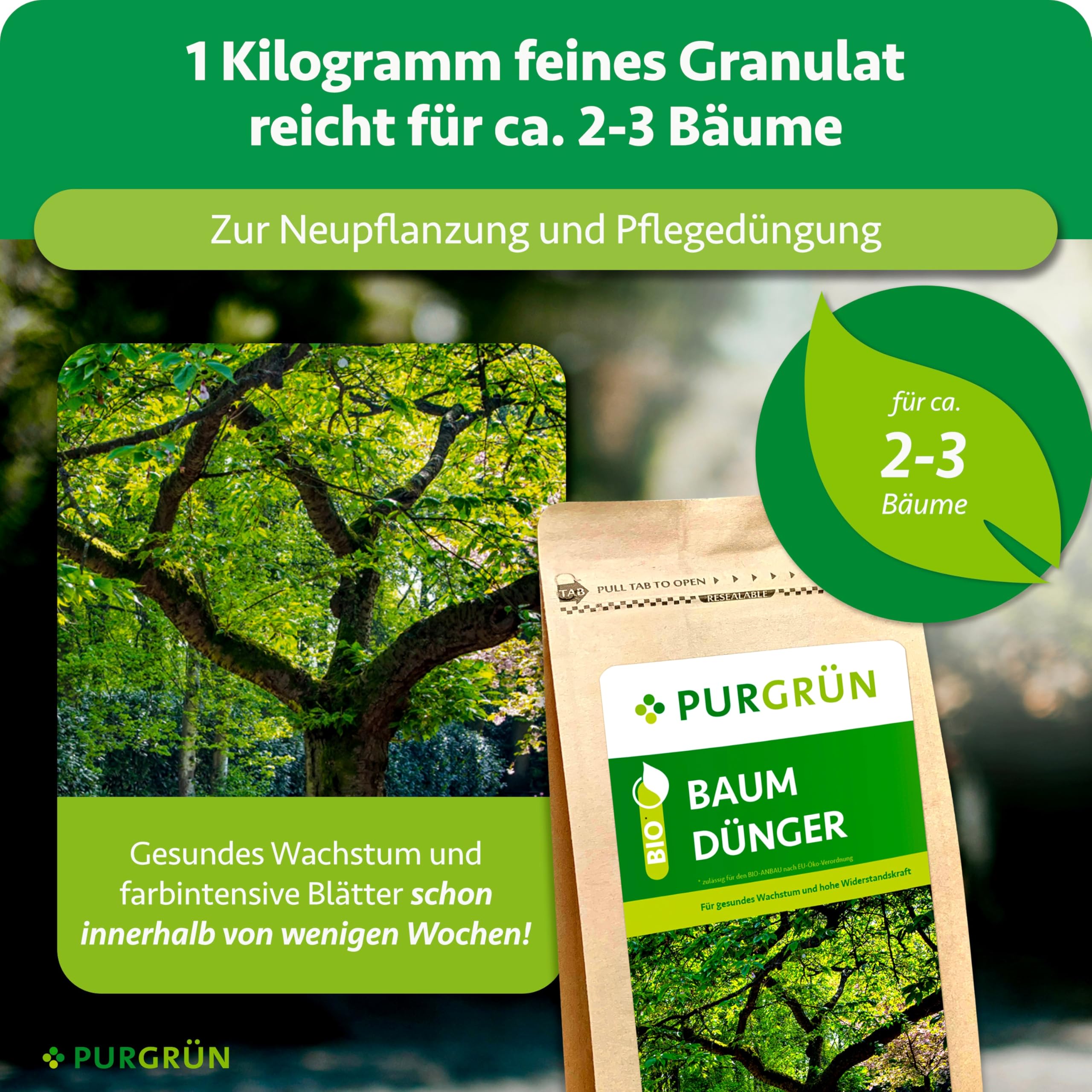 Bio-Baumdünger 1 kg – Gesundes Wachstum dank Mykorrhiza – Pflanzenkohle verbessert die Bodenqualität – Extra Magnesium für sattgrünes Laub ohne Verfärbungen – Granulat für 2-3 Bäume