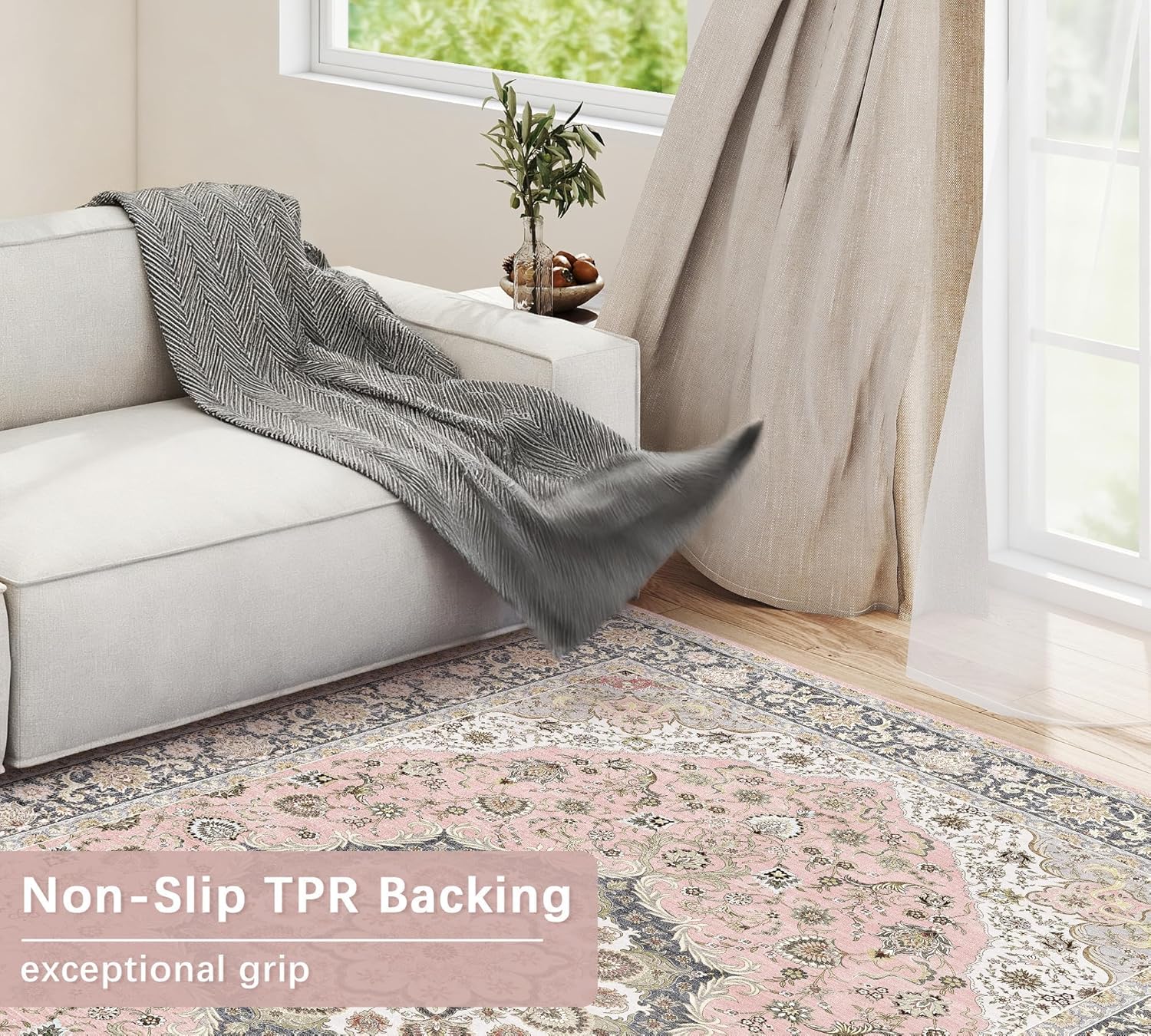 jxgzyy Washable Area Rug 5x7, Non Slip Living Room Rug, 0.2" Low Pile Soft Carpet Kids and Pets Friendly, Stain-Resistance Home Decor for Bedroom Dining Kitchen, Pink Persian Style