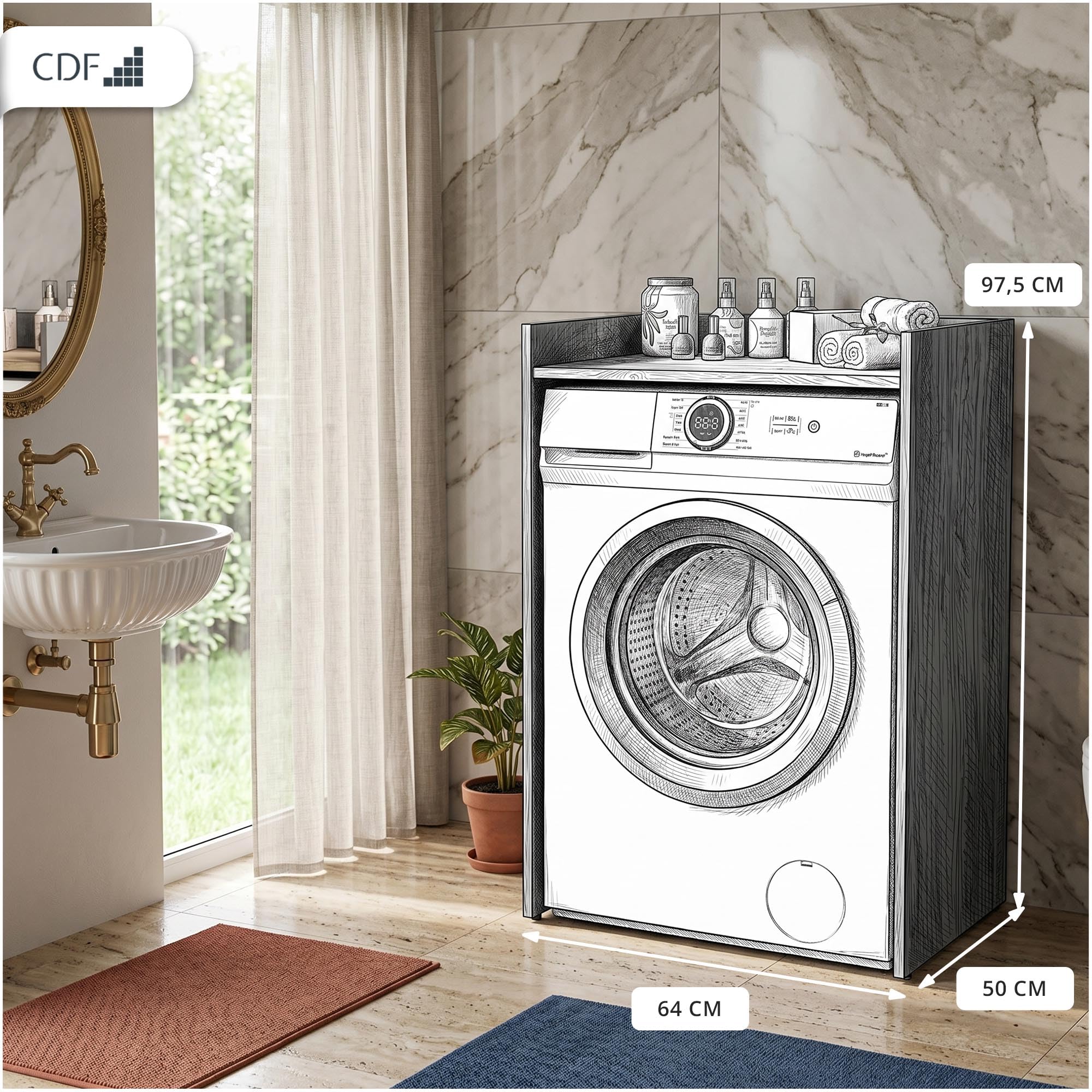 CDF Mobile Sopra Lavatrice Scaffale da Bagno Salvaspazio con Ripiano Portaoggetti Mobiletto Lavanderia Stabile 64 x 97,5 x 50 cm - Bianco Opaco
