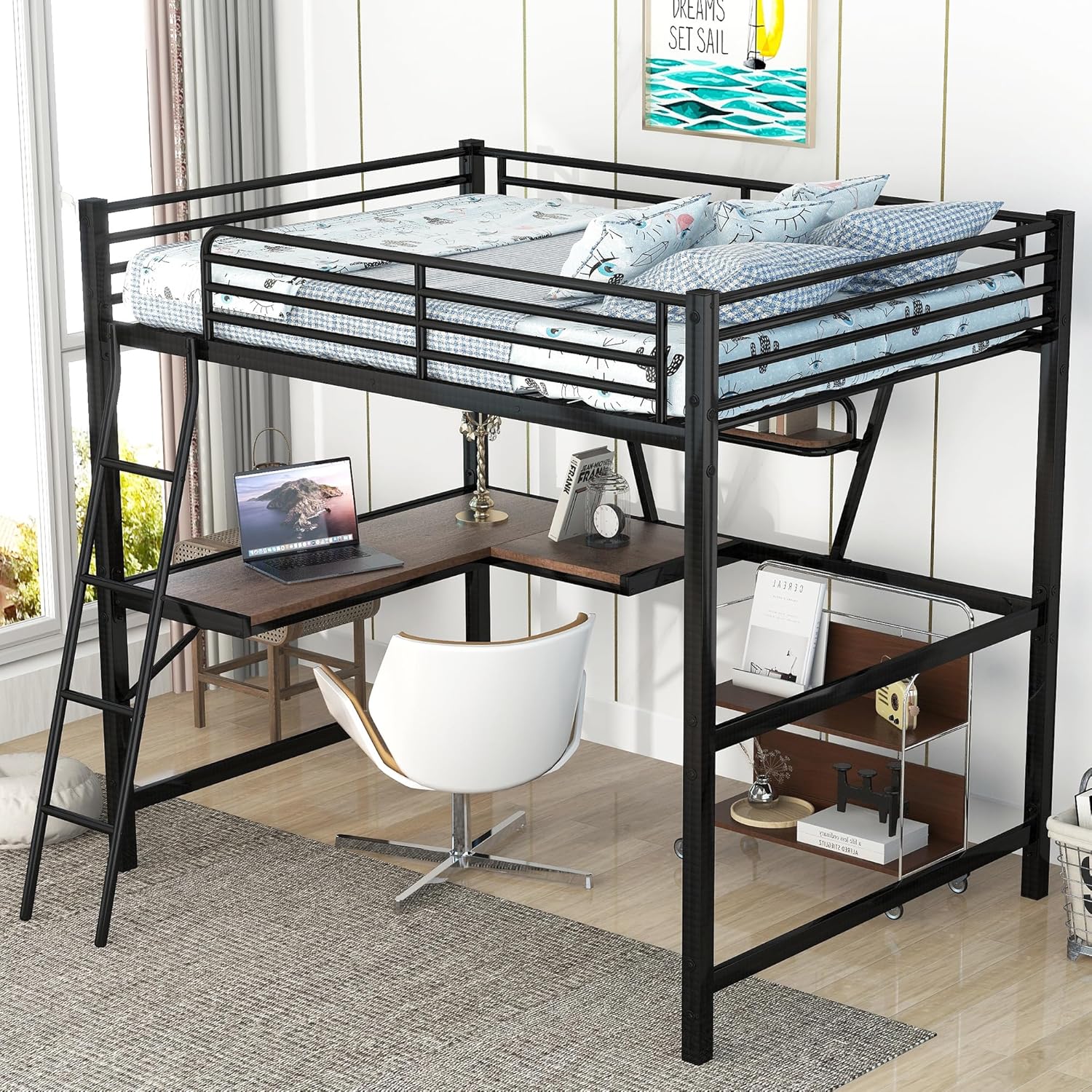 Un front view of the Bellemave Full Size Loft Bed, highlighting the spacious L-shaped desk and the convenient storage shelf.