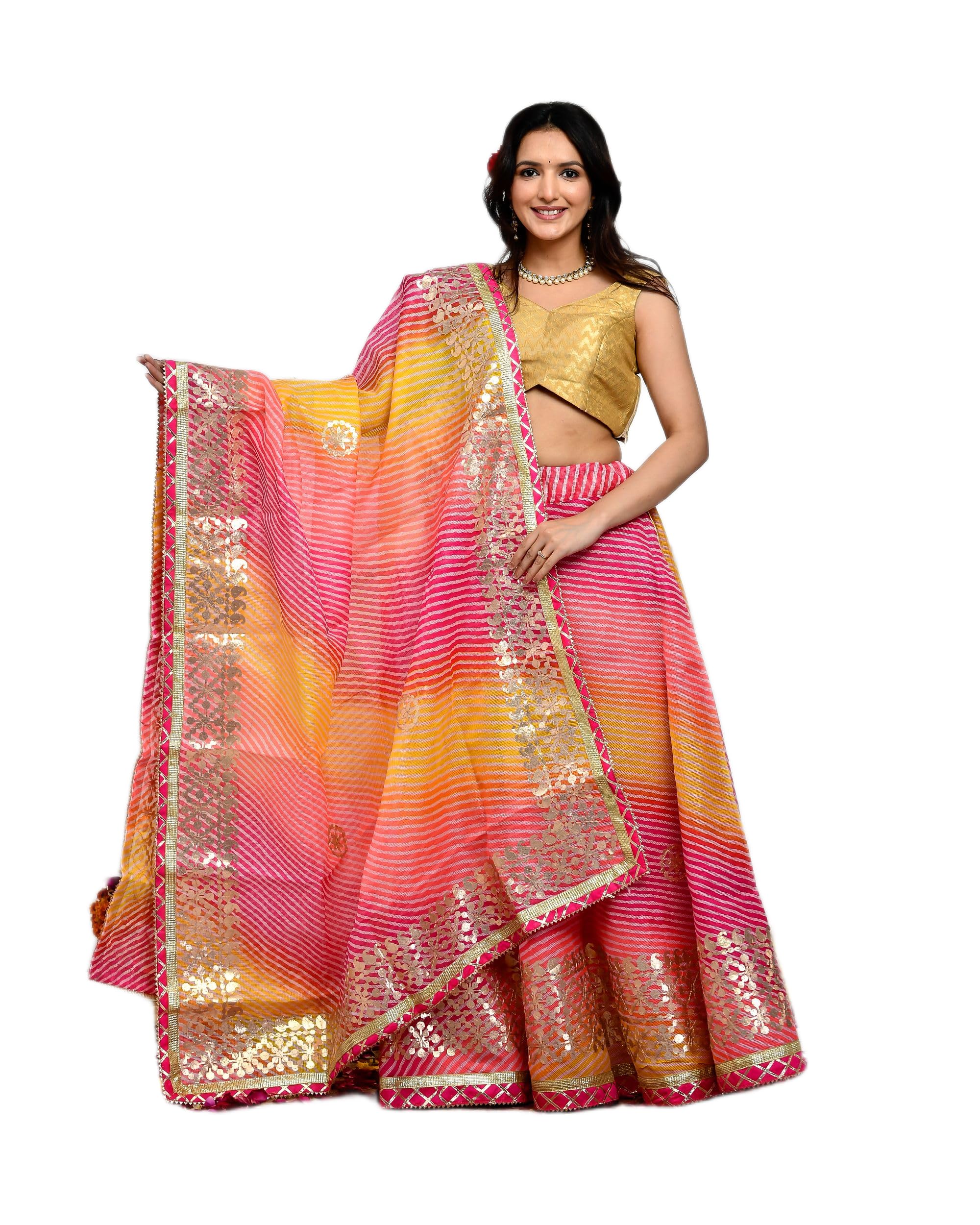 Leheriya Semi Stitched Lehenga Choli (Pink, Yellow, Orange) | Traditional Indian Ethnic Wear for Women | Lightweight Comfortable Fabric | Elegant Design-image-38
