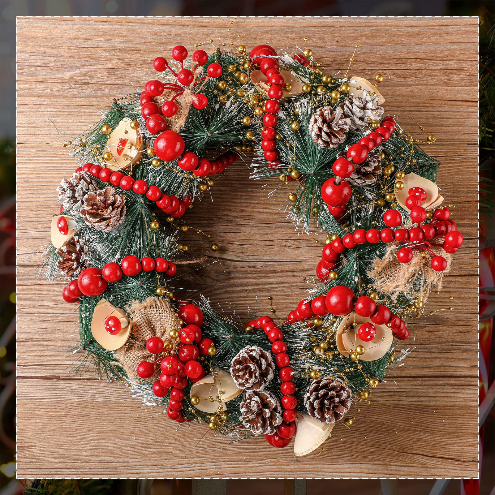 Yinder 4 Stück 122 m Weihnachtsgirlande aus Holzperlen, Dekoration, 3.6 m, Bauernhaus-Perlen, Wandbehang, rustikale Holzperlen, Girlande, Boho, Weihnachtsbaum, Kamin, Zuhause (dunkelrot)