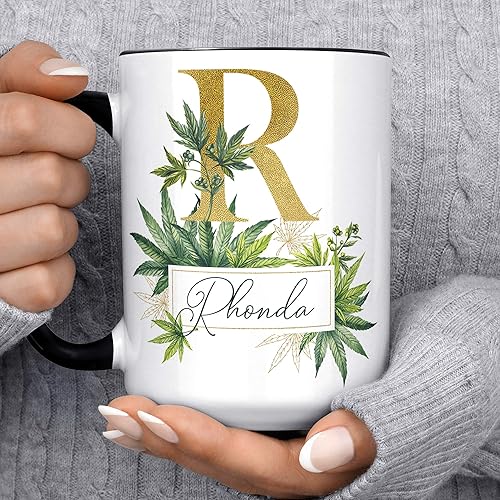 Miniatura 4 de Personalized Name and Initial Botanical Leaves Ceramic Coffee Mug, 11 or 15 oz