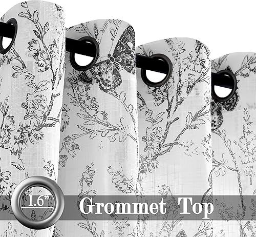 Miniatura 3 de Jubilantex Cortinas Semitransparentes de Hoja de Mariposa 84" L Paneles de Cortina para Dormitorio de Niños, Estampado Negro sobre Blanco Cortinas