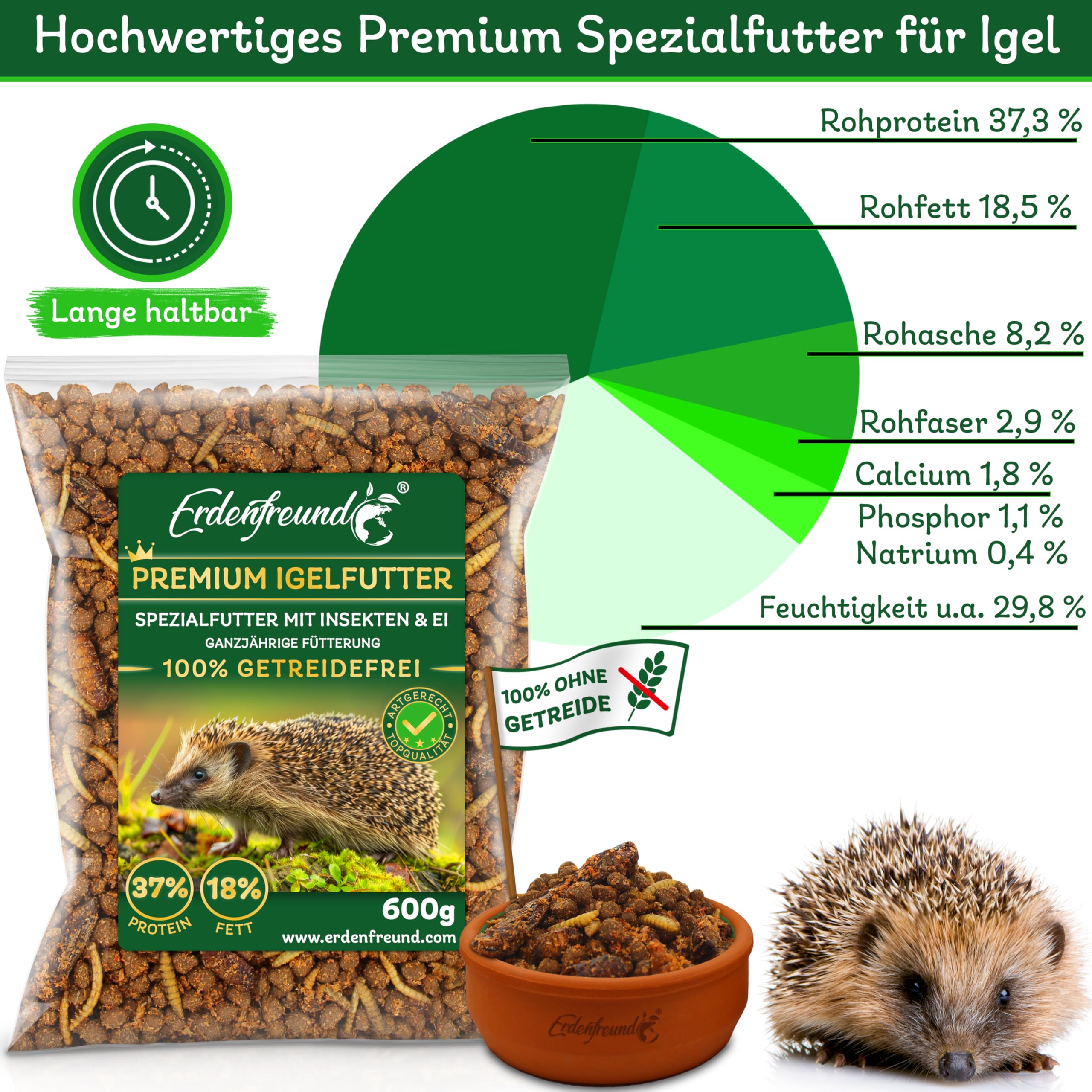 ERDENFREUND® Premium Igelfutter 100% getreidefrei 3x600g Ganzjahres-Alleinfutter für Igel mit Insekten vollwertig verdaulich nährstoffreich (3x600g Frischepacks = 1800g Premium Igelfutter)