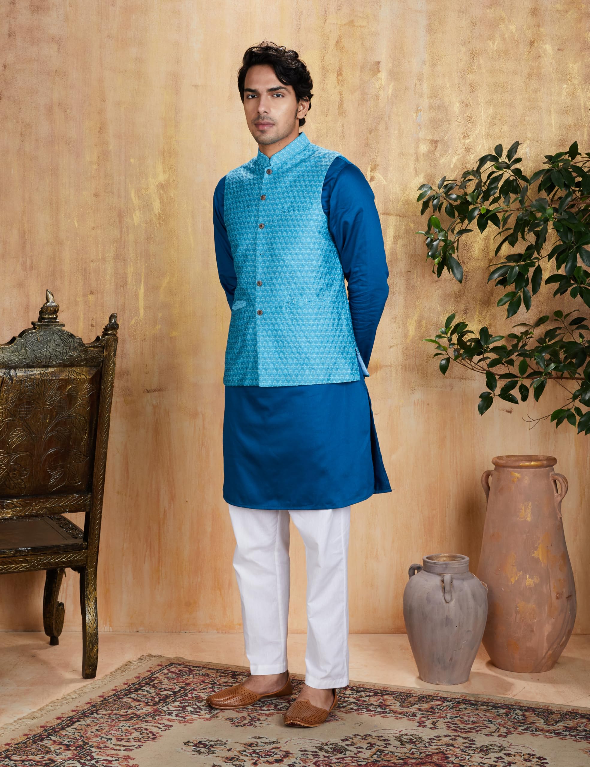 Amazon Brand - Symbol Men's Nehru Jacket with Band Collar & Button Closure Turq L - Image 3 thumbnail