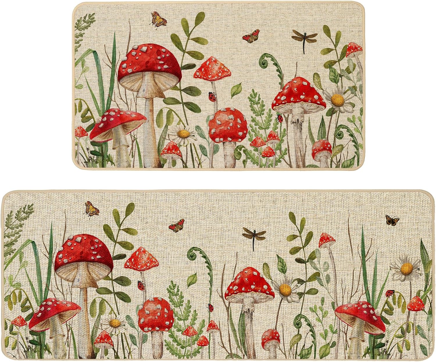 Baccessor Spring Summer Kitchen Rugs Set of 2, Mushrooms Daisy Kitchen Mats for Floor Low-Profile Seasonal Holiday Home Decor 17x29 and 17x47 Inch