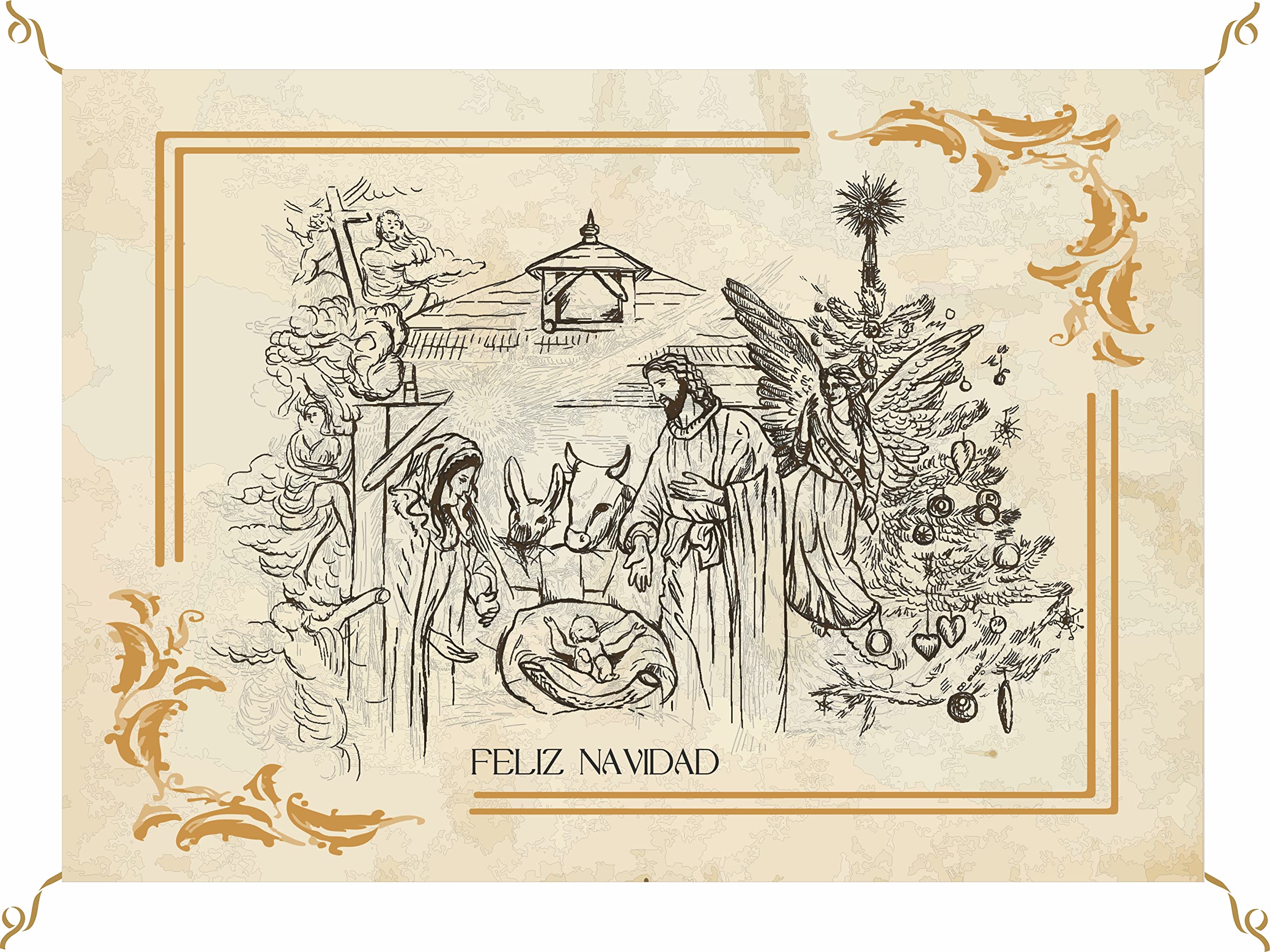 Porras E&B Balconera Navidad Colgaduras niño Jesús Dios ha Nacido Arcos Tapiz Rayos Magos Belén Portal de Belén Nieve (70 X 100 cm) Tela Blanca