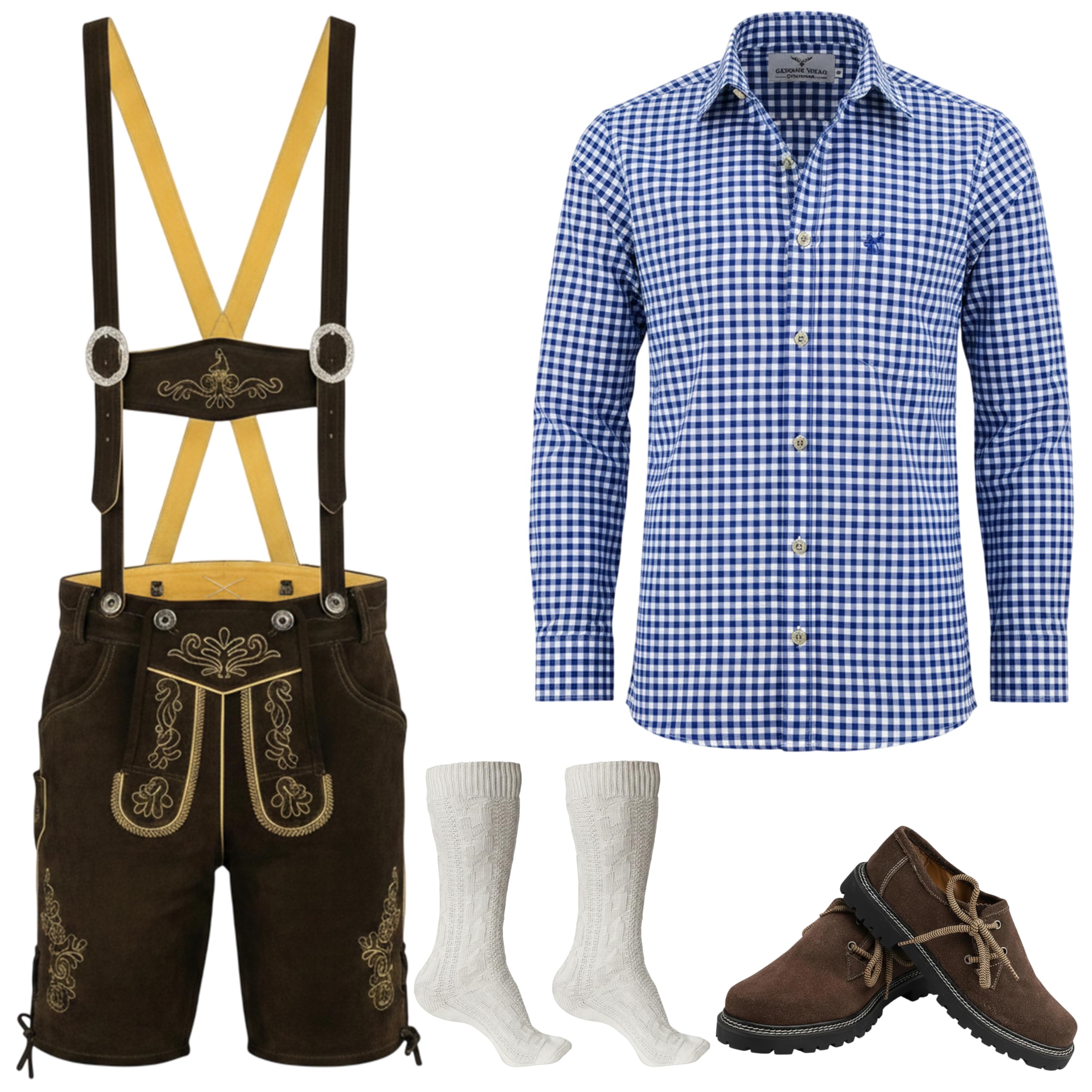 German Wear 5-teiliges Herren Trachtenset Komplett – Premium Lederhose aus Nappaleder Wildleder mit Hosenträgern Haferlschuhe Trachtenhemd Blau Trachtensocken