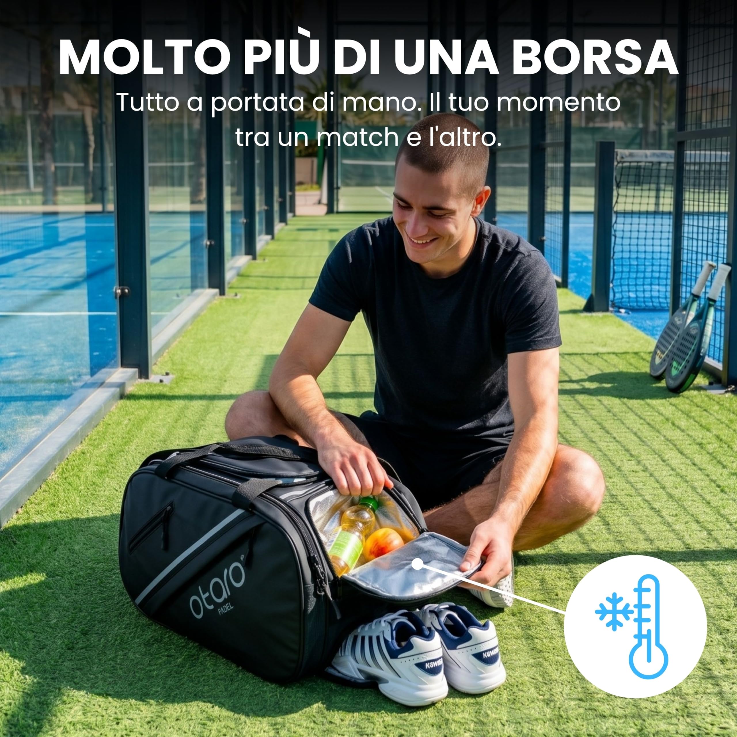 Otaro Borsa Padel 60L | Zaino con porta scarpe, vano termico e laptop | Custodia racchetta padel per 2 racchette, vestiti e accessori | Sistema di trasporto 4 in 1 | Borsa padel uomo e donna (Nero)