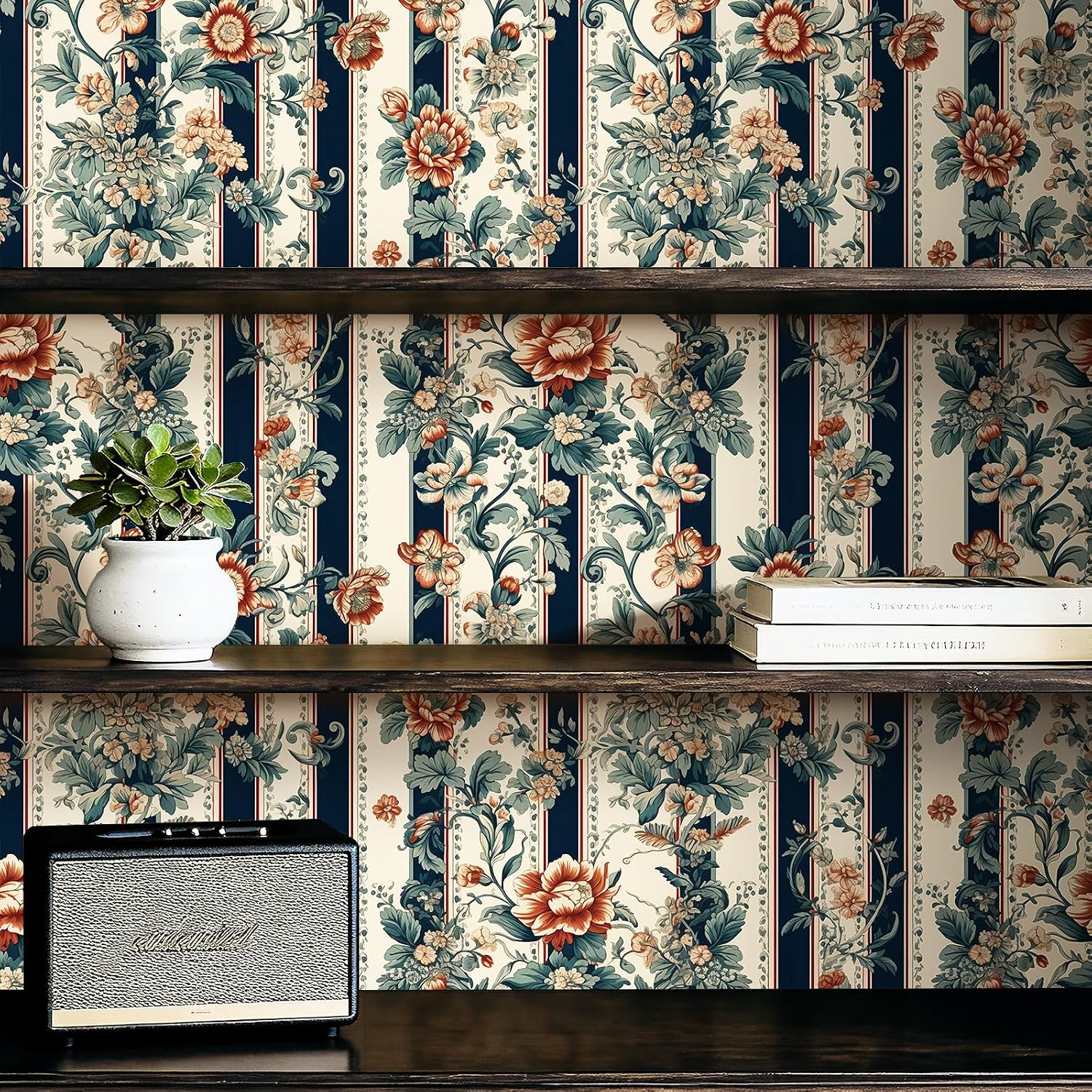 Vintage Floral Stripe Wallpaper Stick and Peel Victorian Striped Wallpaper Navy Blue Beige Terracotta Orange English Country Garden Shabby Chic Removable Vintage Contact Paper Roll 17.5x80