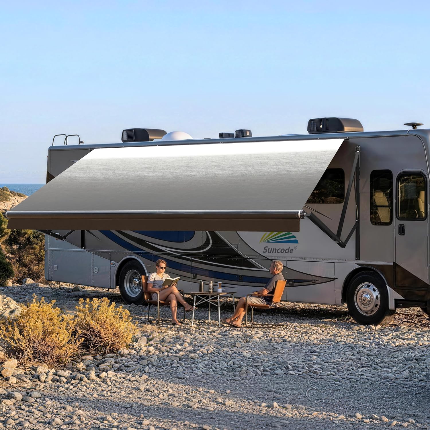 Suncode RV Awning for RV&Camper-Motorized RV Awning,Electric Camper Awning Complete Kit-16x8Ft-Black Frame &Black Fade