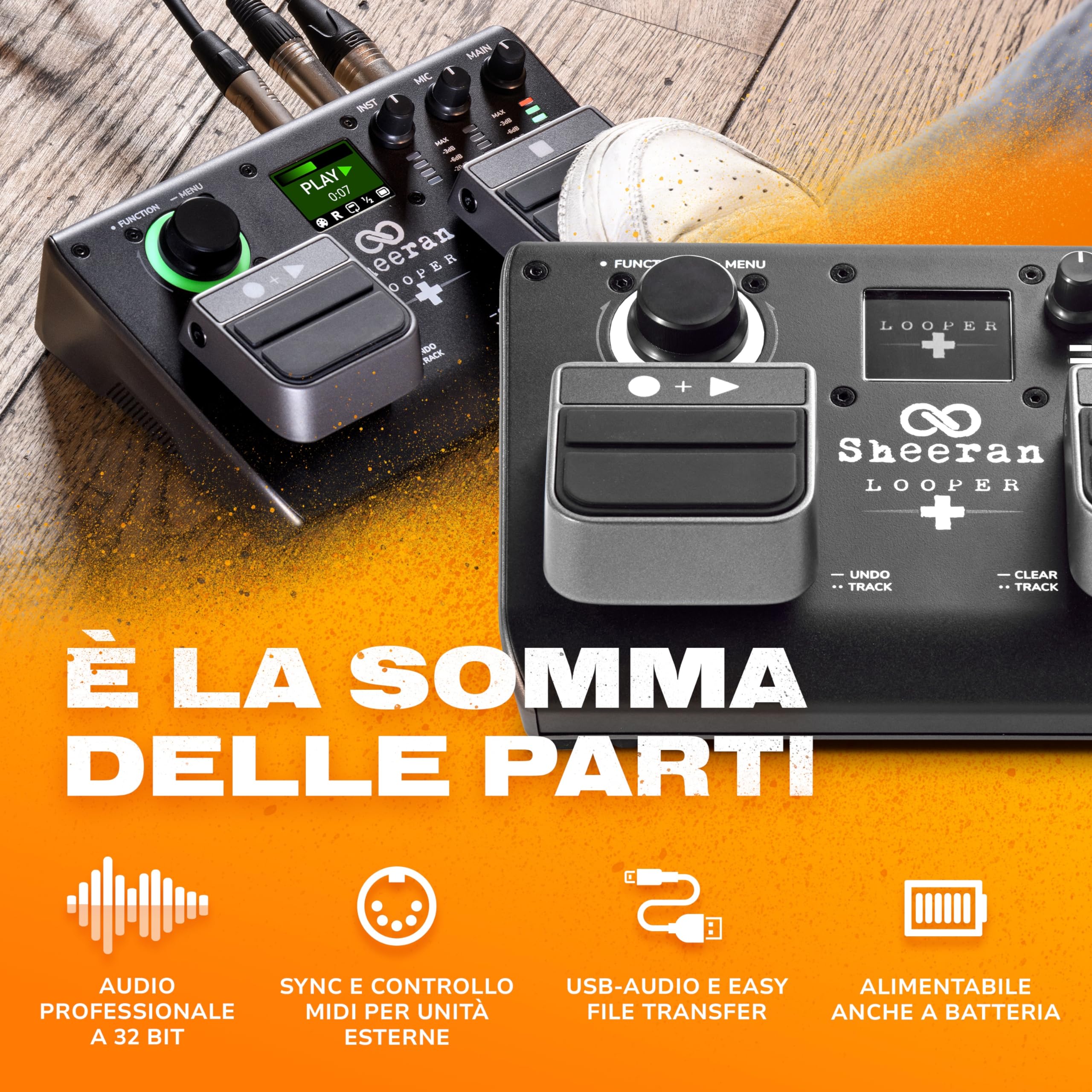 SHEERAN LOOPER + Pedale Due Tracce per Chitarra, Basso, Tastiere, Voce, ecc. 128 Memorie Loop, 4 Modalità di Looping, Schermo LCD e Interfaccia Audio