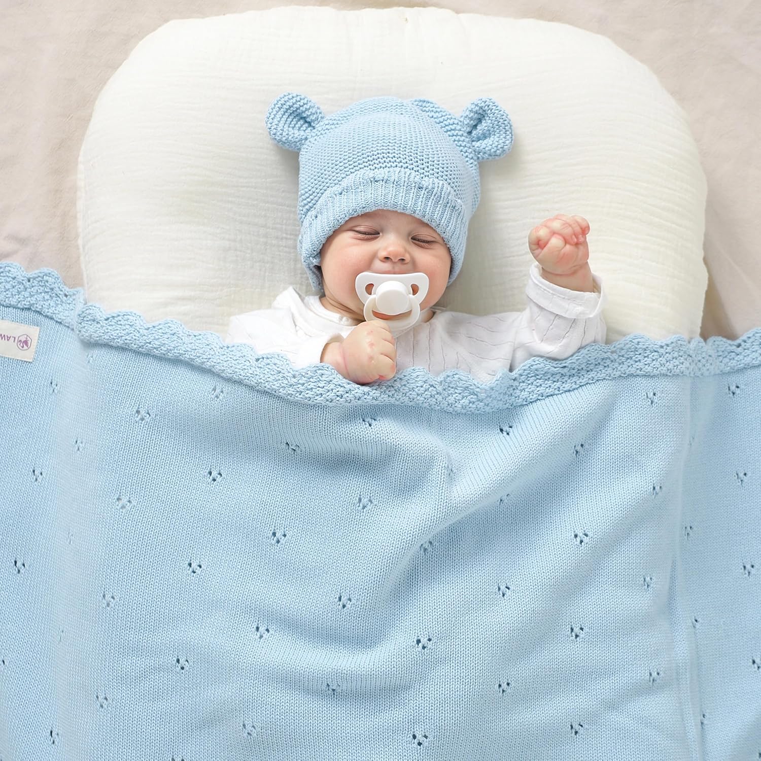 LAWKUL Baby Blanket & Beanie Hat Set 100% Organic Cotton Newborn Swaddle Beanie Soft Cozy for Infants Boy Girl Gift Blue