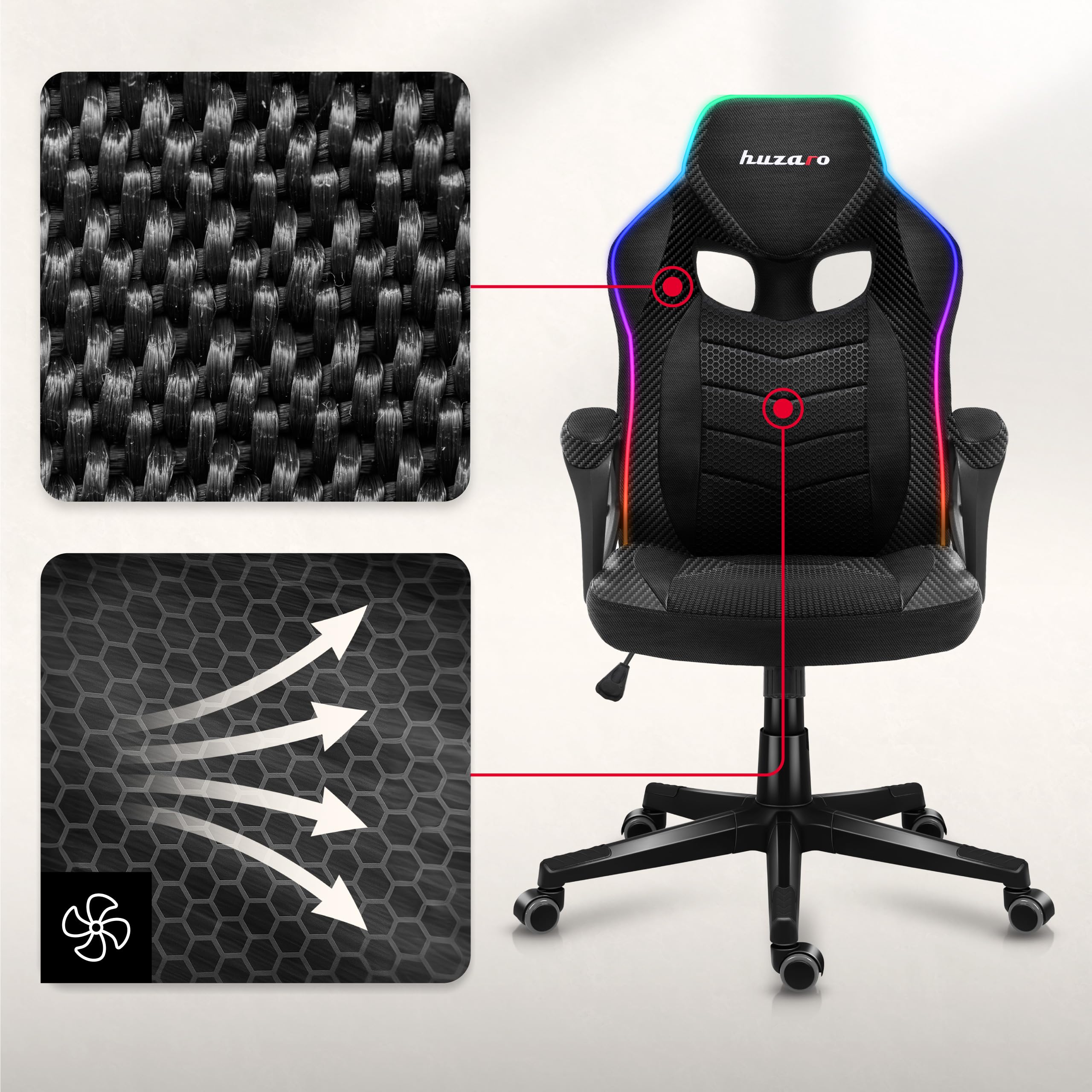 huzaro Force 2.5 Gaming Stuhl mit LED - ergonomischer Gaming Stuhl | RGB Beleuchtung mit Fernbedienung - Schreibtischstuhl Gaming mit Wippfunktion - SoftFlex - bis 130 kg - Schwarz Carbon