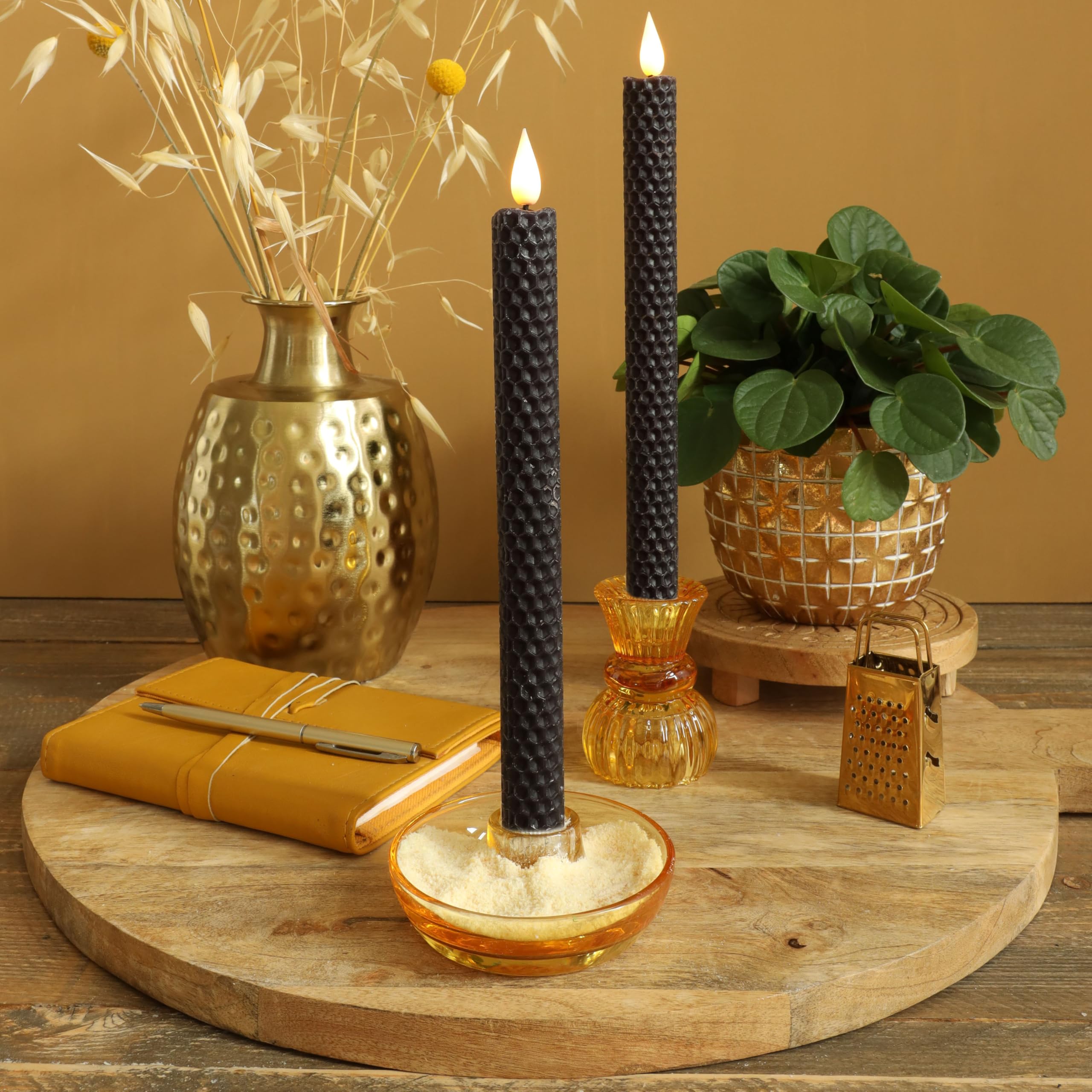 comforder Real Wax LED Candles with Flickering Flame (Set of 2), Electric Taper Candles with Timer Function, Honeycomb Look. (Black) - Image 2