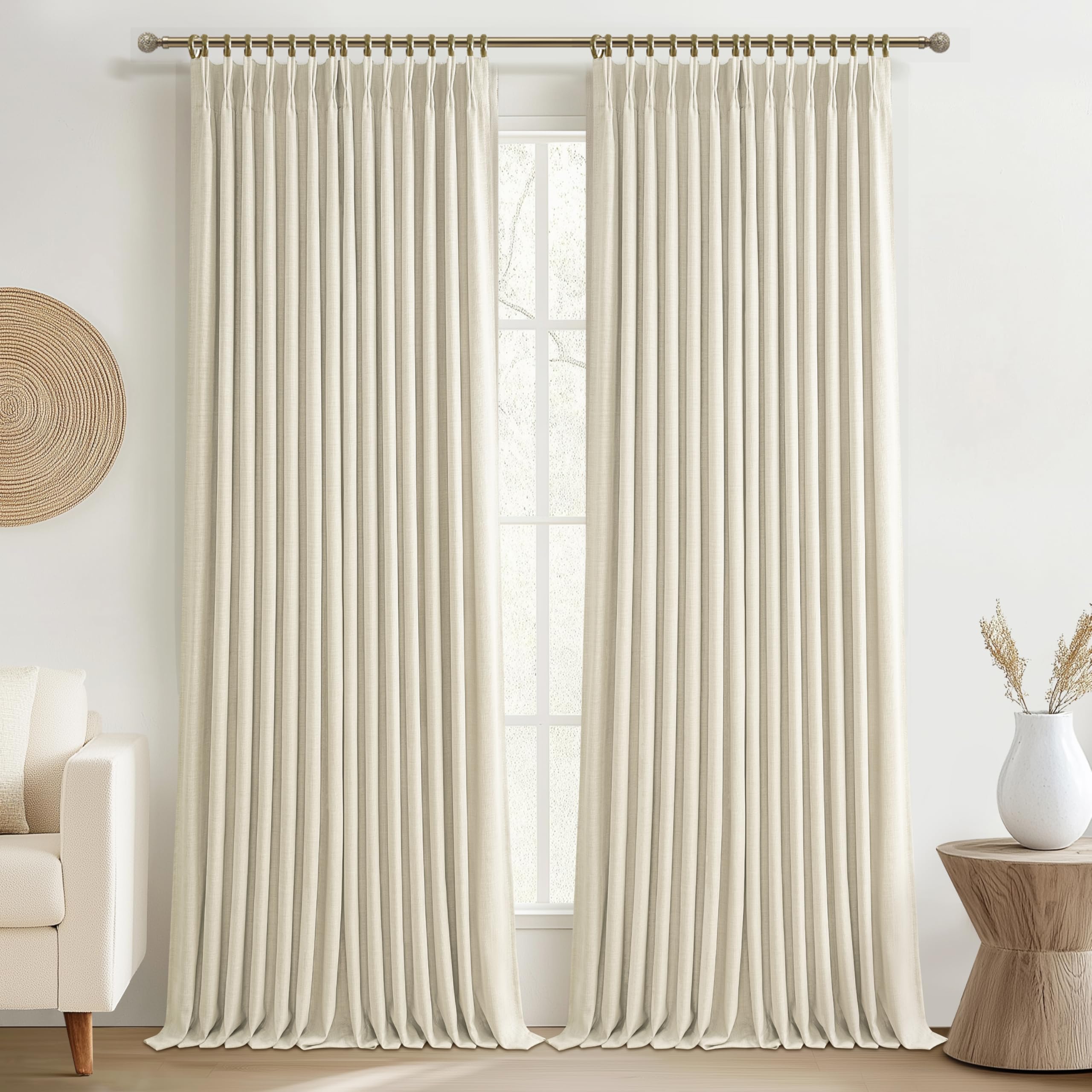 Blackout Memory Trained Pleated Linen Cream Beige Curtains 96 Inches Long