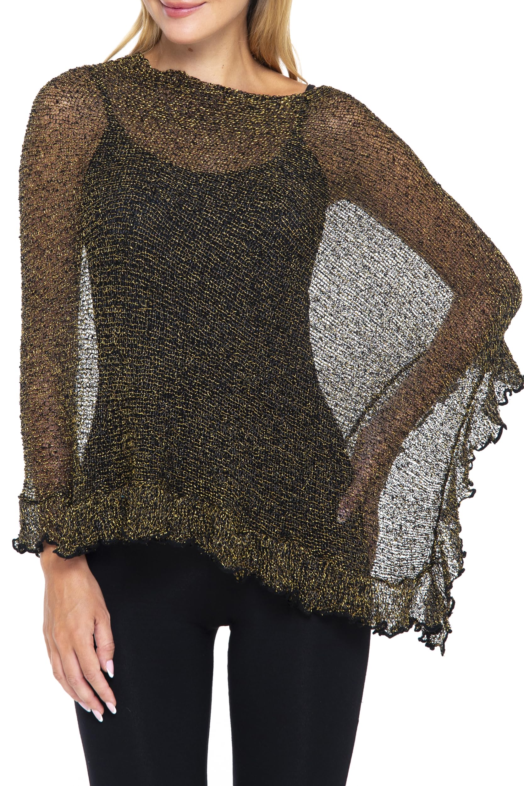 SHU-SHI Womens Sheer Poncho Shrug Lightweight Knit Ruffle Pullover Sweater Top One Size Black/Gold