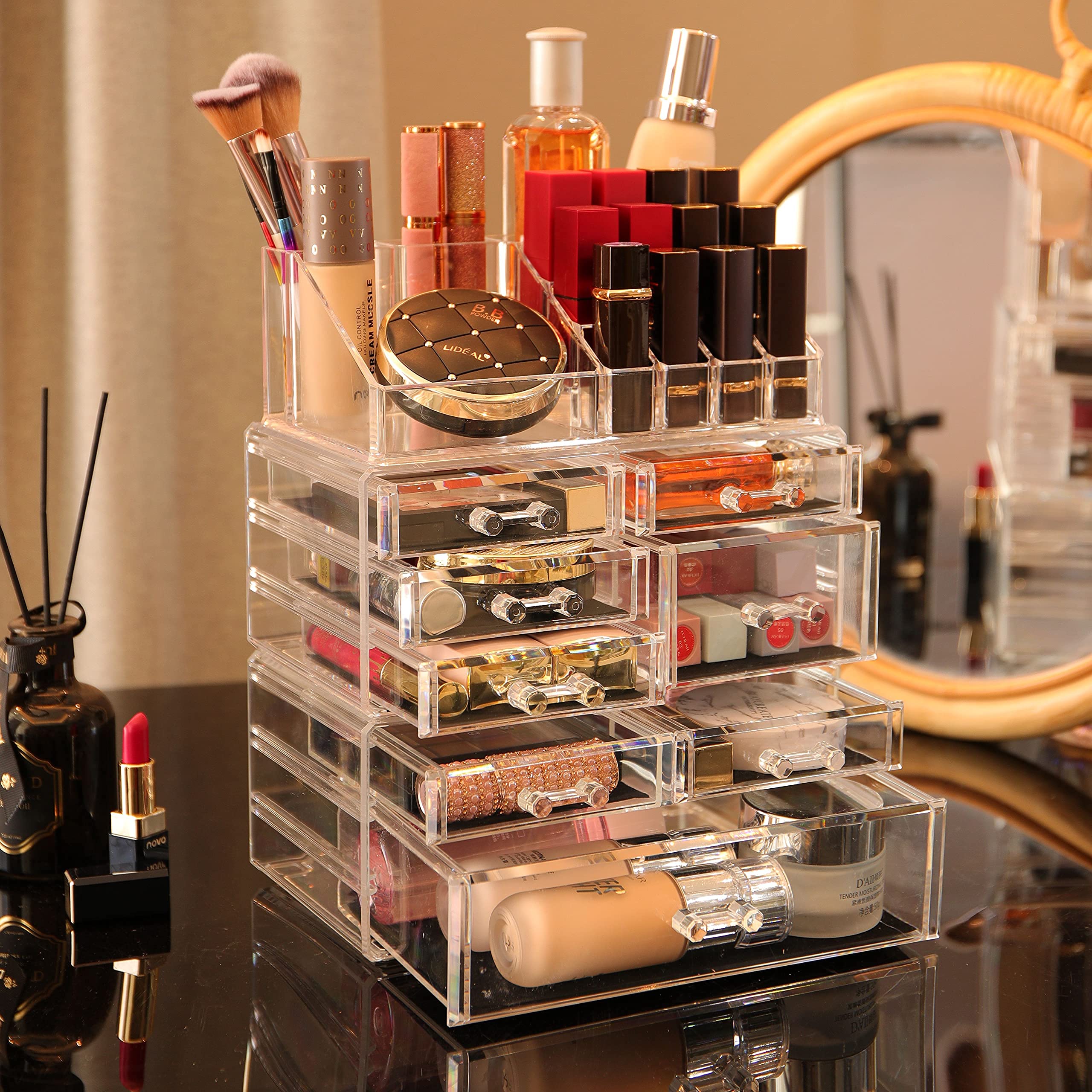 Cq Clear Acrylic Makeup Organizer, 3-Pack Stackable 8-Drawer Vanity Storage