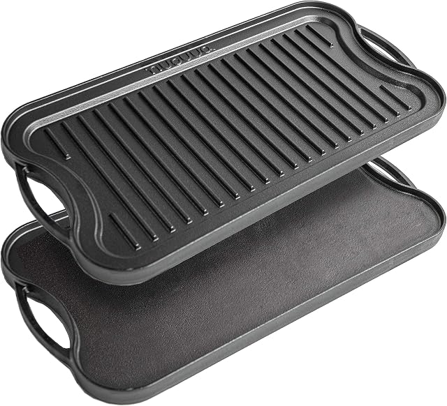 Cast Iron Griddle Plate for Gas Hob and BBQ Griddle pan Double Sided Pre-Seasoned, Grill Plate Tray, for Healthy and Delicious Cooking, Flat and Ridged Surfaces 50 x 25cm