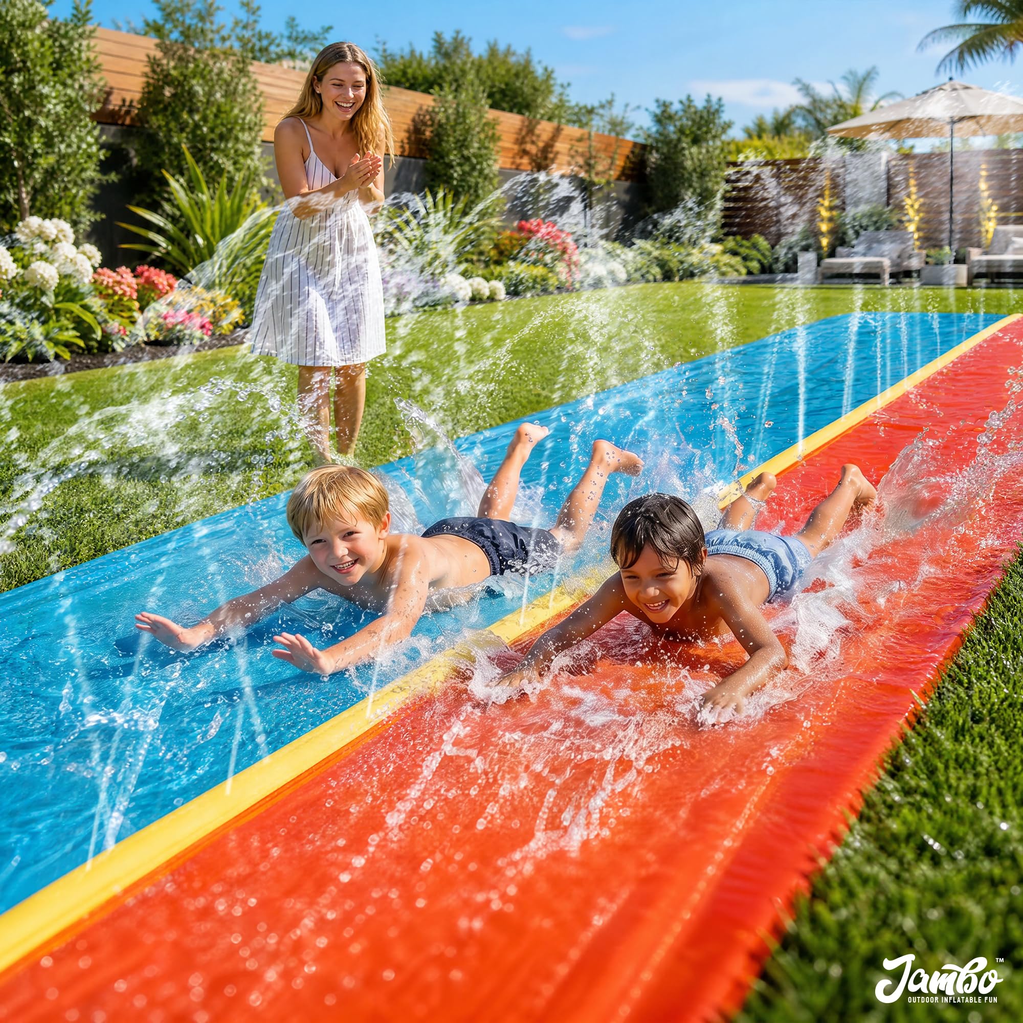 JAMBO Aufblasbare Wasserrutsche mit Sprinkler 549 cm, Wasserrutsche Garten für Kinder, Wasserspielzeug Outdoor