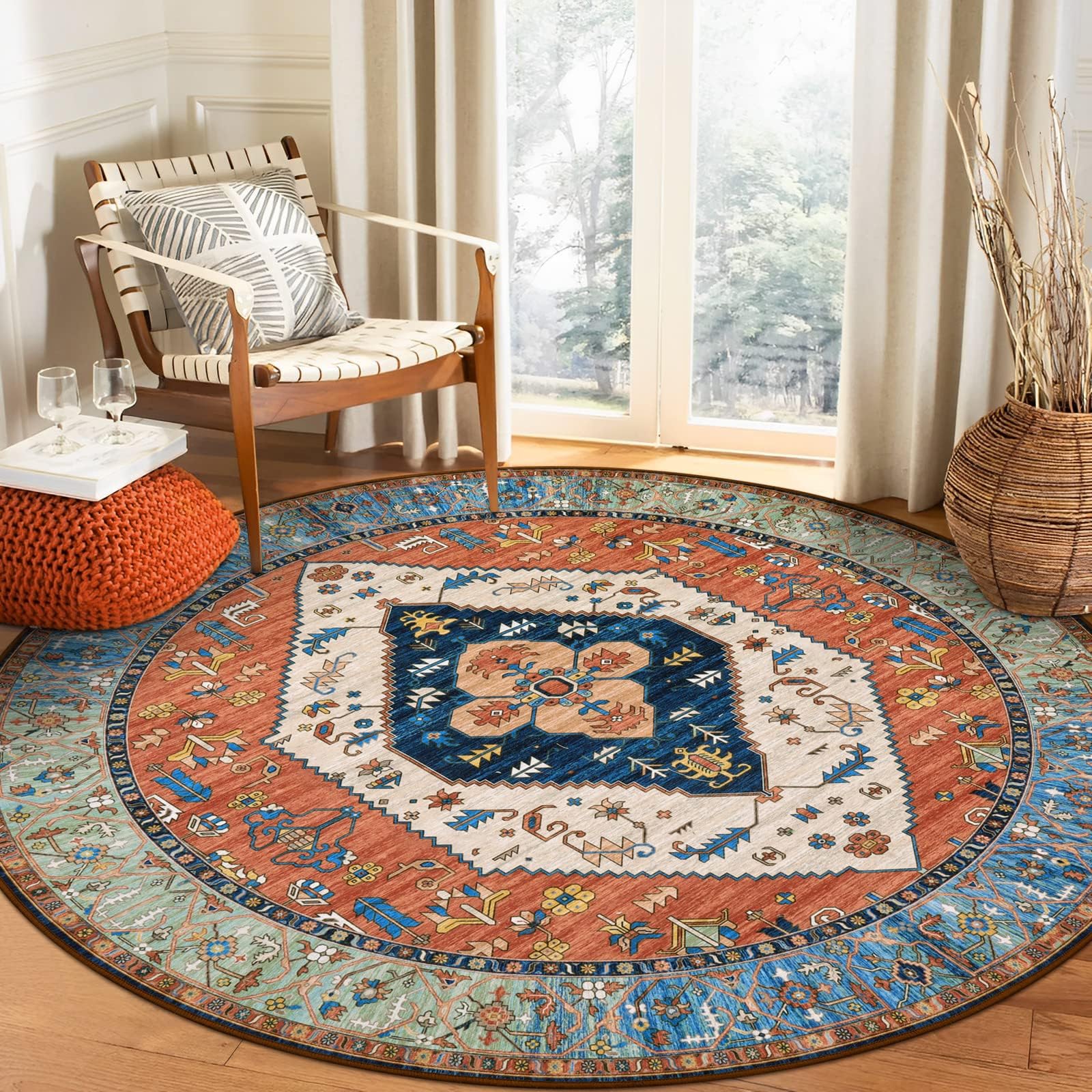 Boho Washable 5Ft Round Area Rug, Non-Slip Throw Untra-Thin Round Carpet, Oriental Vintage Distressed Circle Rug for Dining Living Room Bedroom Kitchen Office Adelyn, 5x5/Rust