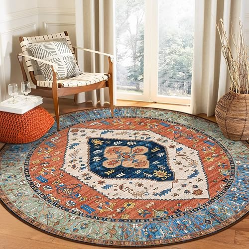 Lahome Boho Round Area Rug - 5ft Washable Round Bedroom Rugs Non-Slip Throw Circle Rug for Living Room, Vintage Distressed Dinning Room Rug Oriental Small Round Carpet for Bathroom Kitchen Office Rug