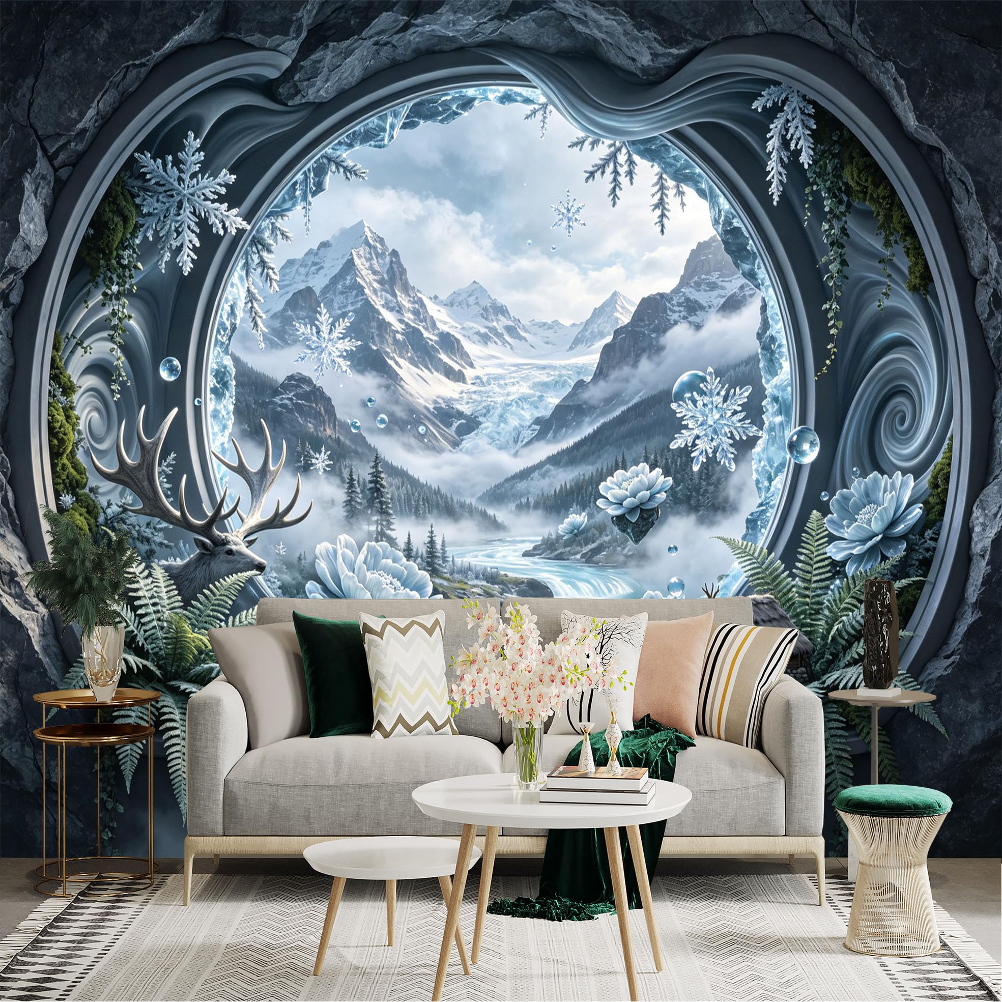Custom Size Wall Sticker Mural， Winter Mountain Landscape with River Deer Cabin and Snowflakes， for wall Decoration， peelandstick wall Decals.