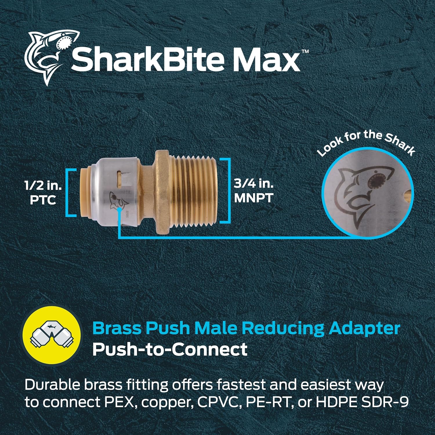 SharkBite Max 1/2 Inch x 3/4 Inch MNPT Reducing Adapter, Push to Connect Brass Plumbing Fitting, PEX Pipe, Copper, CPVC, PE-RT, HDPE, UR116A