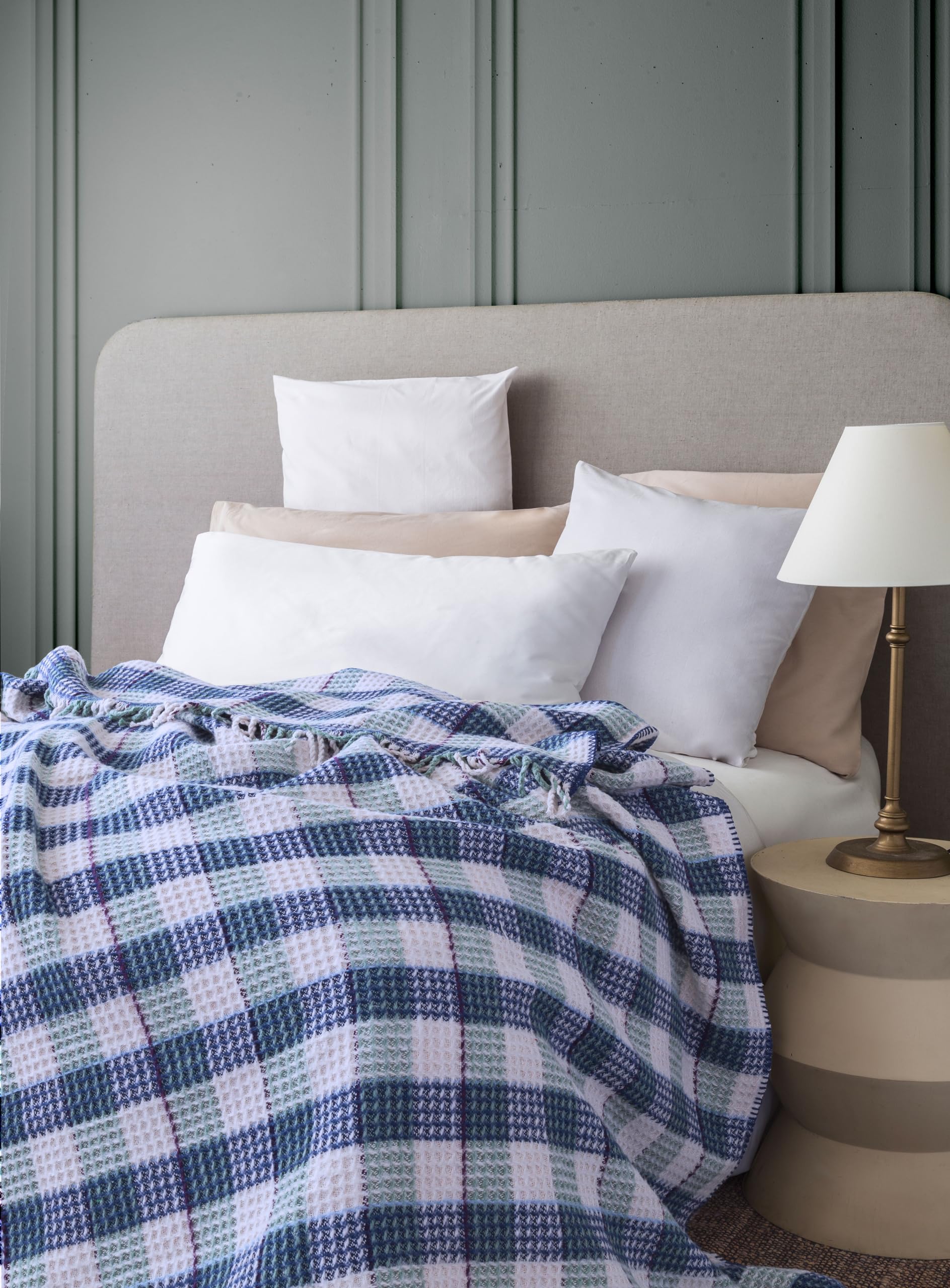 LERUUM Manta de Cama a Cuadros de algodón Reciclado, diseño de tartán Azul y Verde, súper Suave, ecológica, Manta de Invierno de 150 x 200 cm, escocés para sillón, sofá Cama, Colcha cálida y cómoda