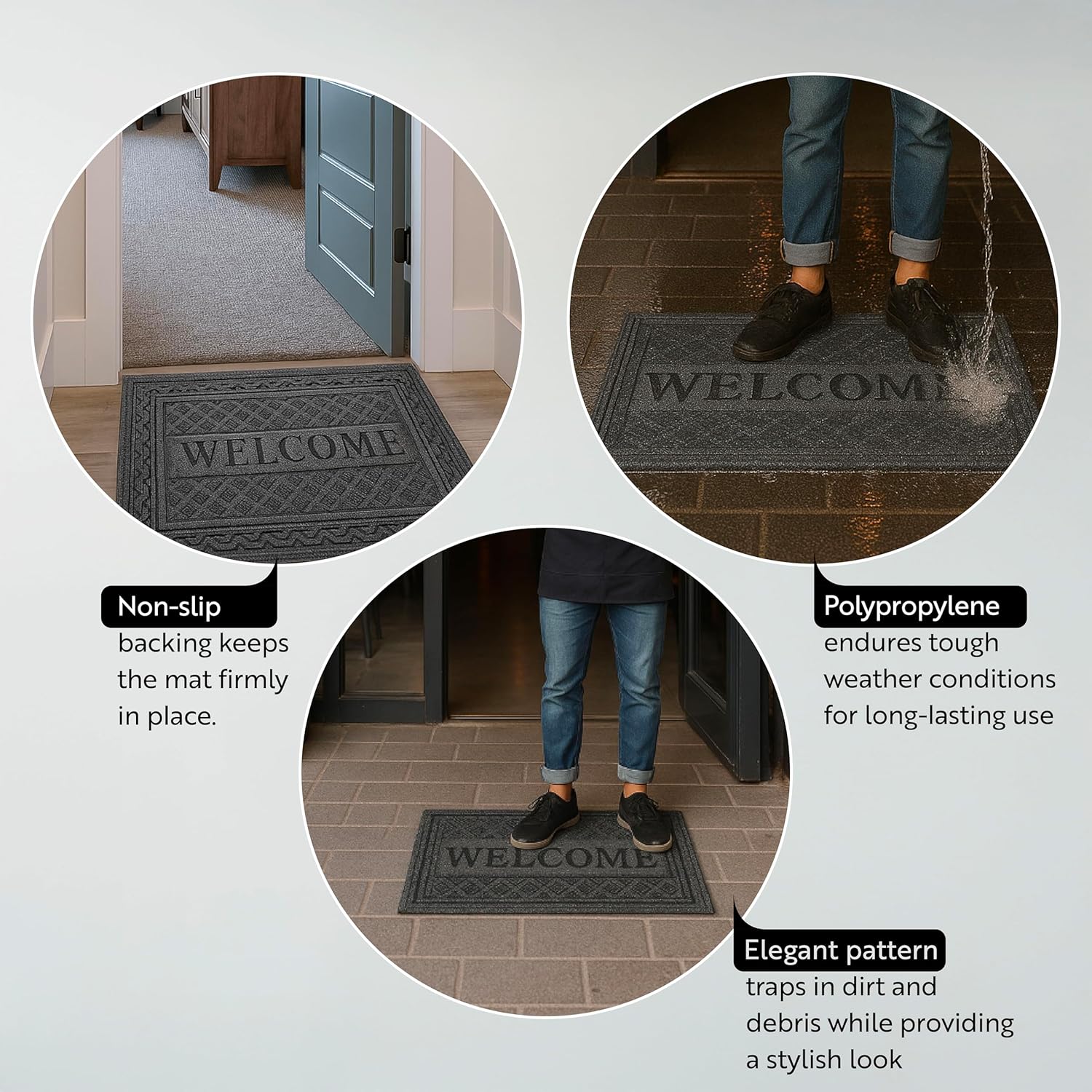 Restaurantware Comfy Feet 36 x 24 Inch Welcome Mat 1 Outdoor Welcome Doormat - Heavy-Duty For Homes Offices Or Restaurants Gray Polypropylene Outside Doormat Low-Profile Easy To Clean