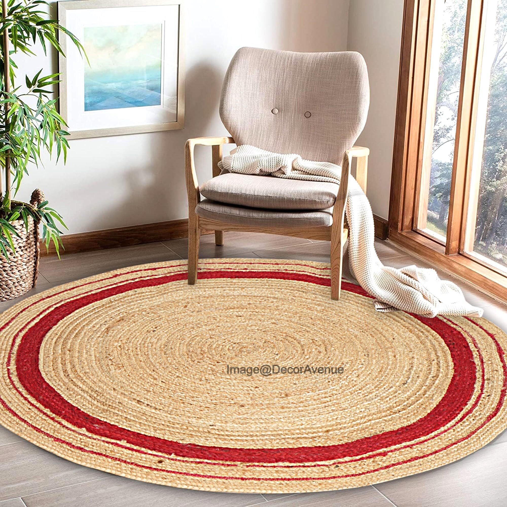 DecorAvenue Indian Handmade Handwoven Braided Jute Area Rug (Red,6' x 6' Round)
