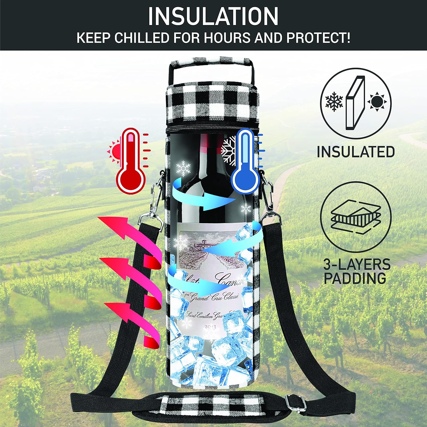 opux Single Bottle Wine Bag Carrier Insulated Cooler Tote Plaid White Black image 2