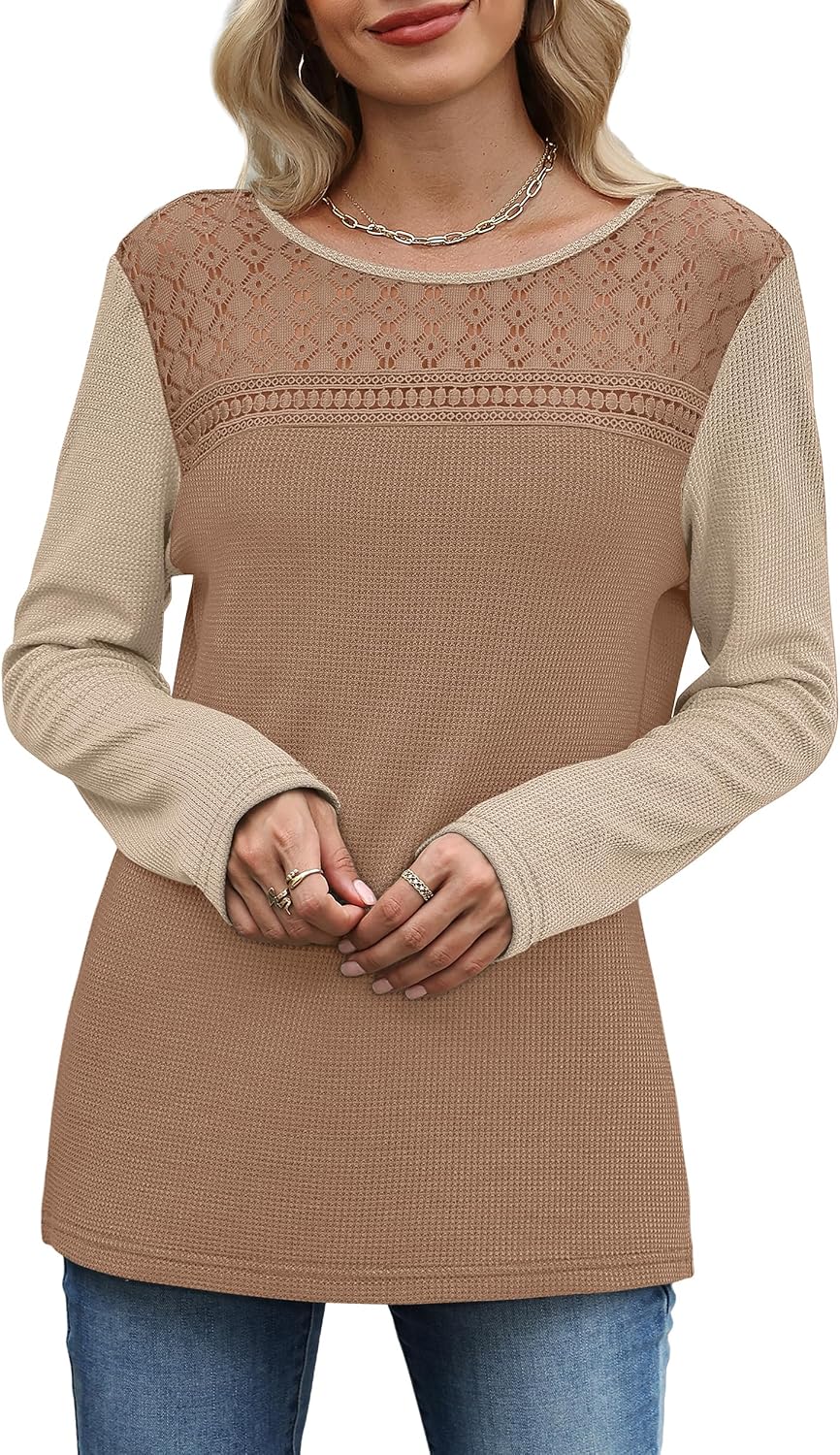 WIHOLL Womens Lace Long Sleeve Shirts Fall Tops Fashion Dressy Casual Lightweight Sweaters Mesh Clothes Trendy Waffle Knit image 4