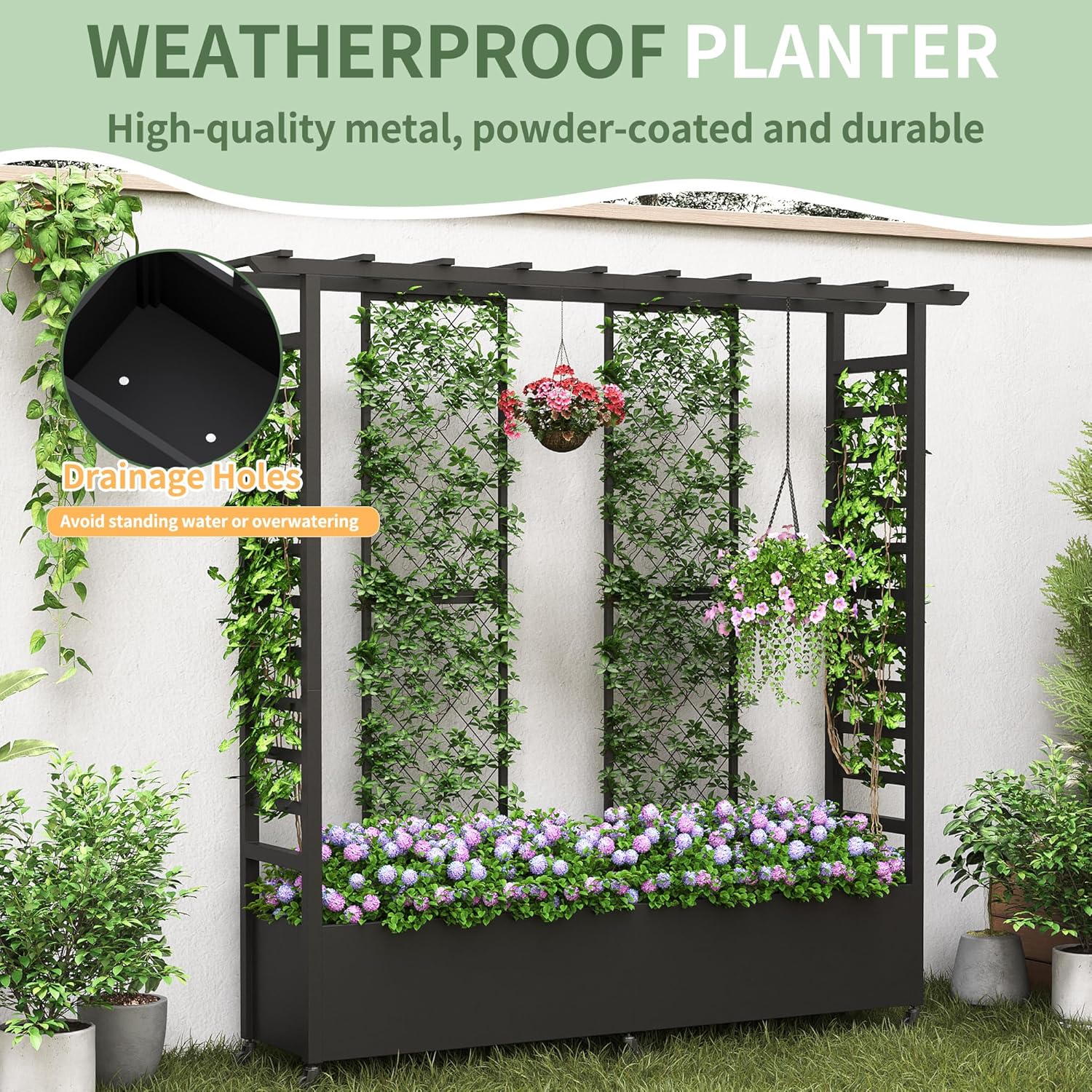 Raised Garden Bed with Trellis & Hanging Roof, Weatherproof Metal Planter Box with Wheels, Garden Arch Trellis for Outdoor Climbing Plants Vines Flowers, 74" H x 77" L x 17" W, Black