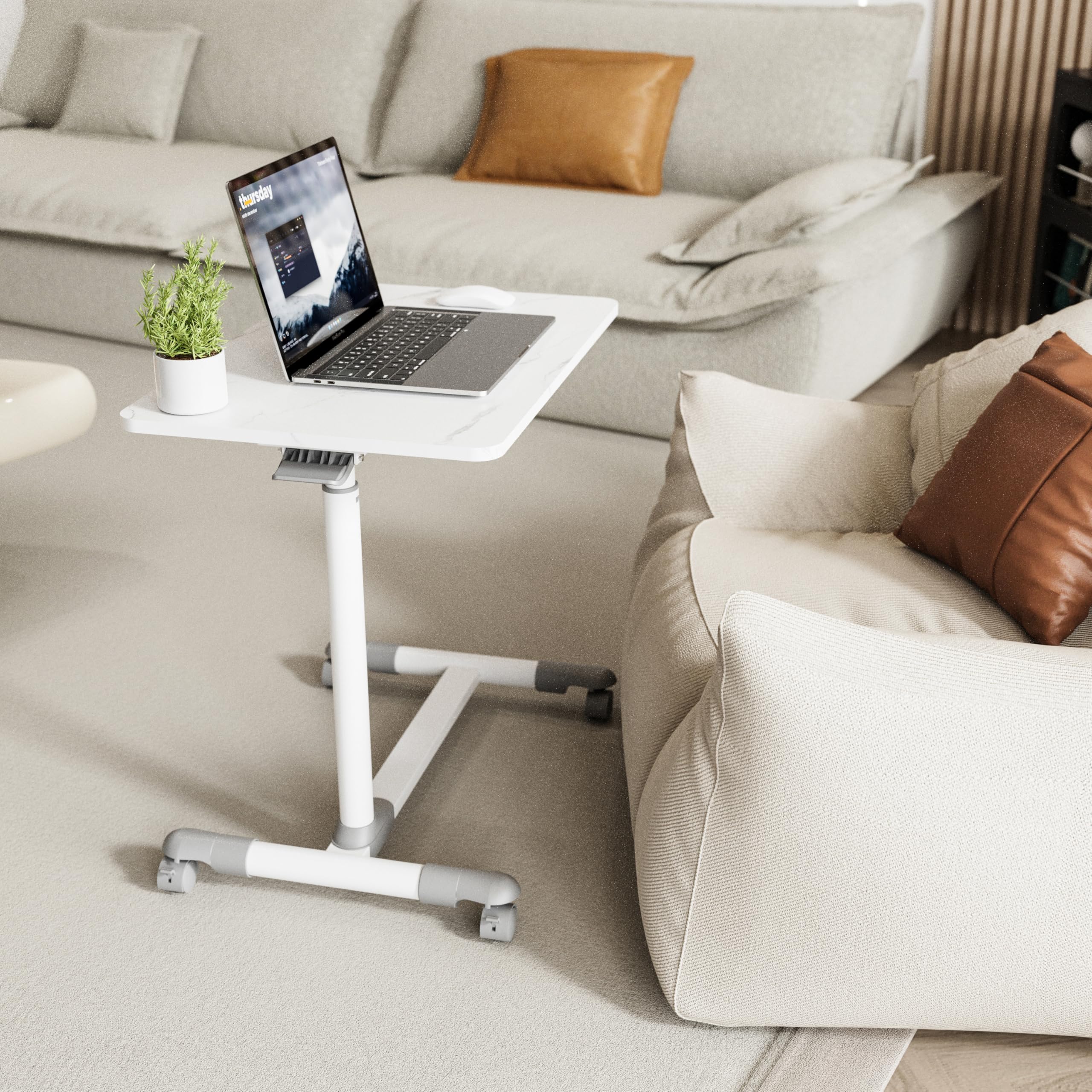 ETHU Mesa Sobrecama con Ruedas Bloqueables, Móvil y Ergonómica, Altura Ajustable para Uso en Hospitales, Oficina y Hogar (Acabado Mármol)