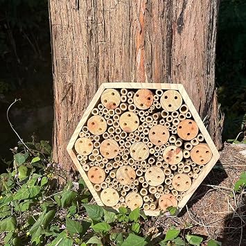Hexagon Wooden Bee House for Garden - Natural Hotel with Hanging Rope, Mason Bee House for Outdoor to Attract Pollinators, Bug Hotel Garden Decoration