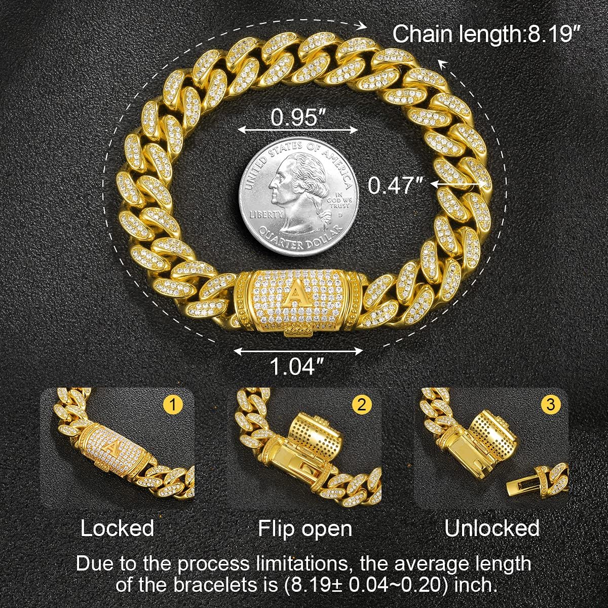 ETEVON Initial Bracelets for Men Cuban Letter Link Chain with Box Clasp Cubic Zirconia Personalized A Bracelet for Him Husband Dad Boyfriend Father’s Day Birthday Anniversary Graduation Jewelry Gift: Jewelry