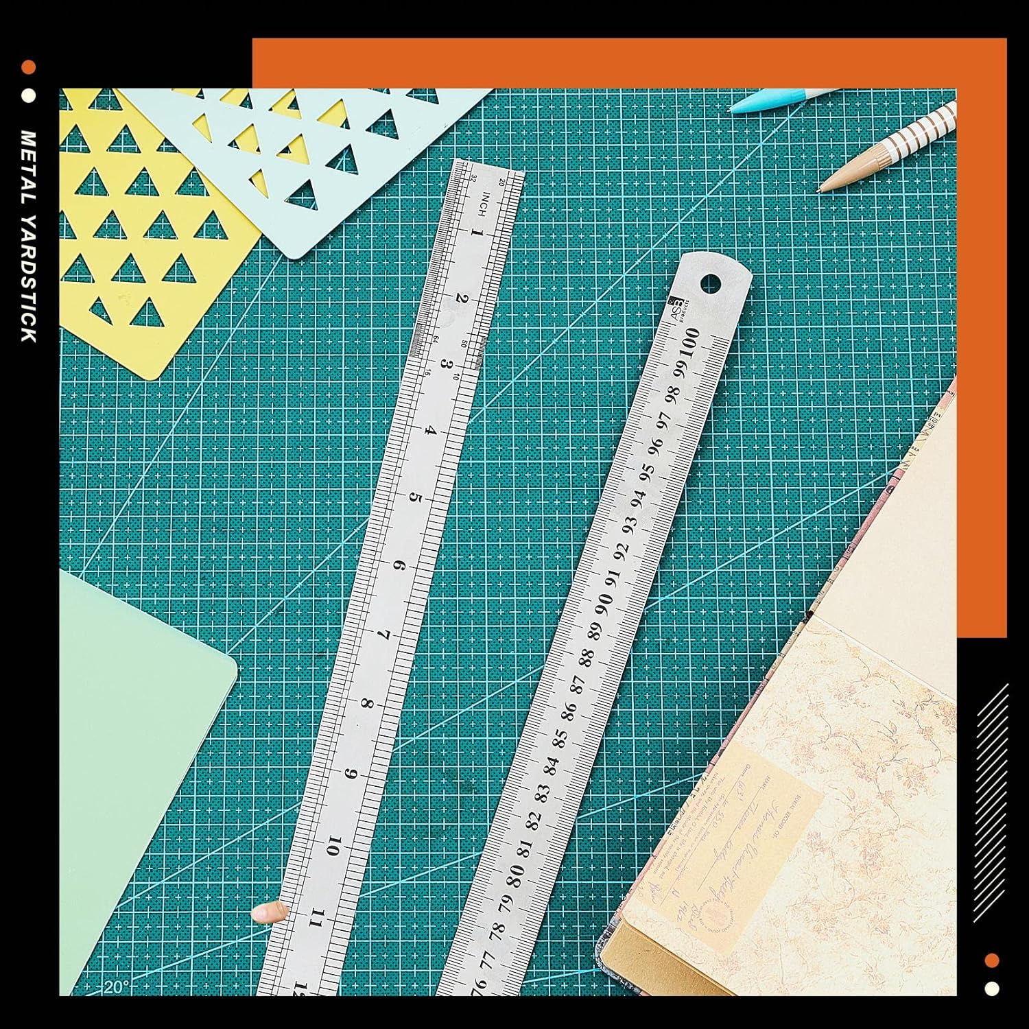 Therwen12 Pieces Stainless Steel Yard Stick Large Metal Meter Stick 40 Inches/ 100 cm Straight Edge Yardstick Metal Ruler for English Metric Measuring, Silver